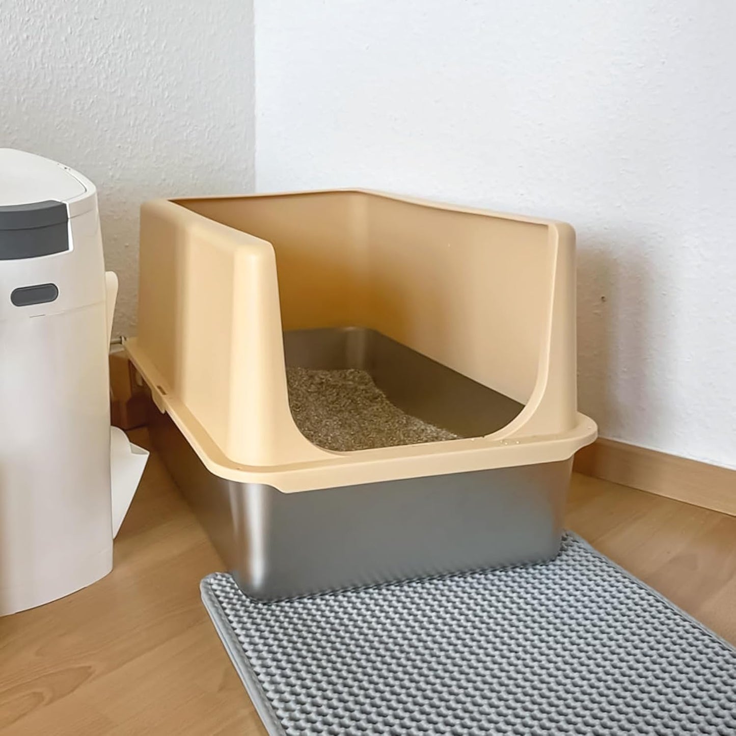 Stainless Steel Cat Litter Box, Metal Litter Box with Lid, 14" Extra Large Litter Boxes for Big Cats, High Sided Beige Cat Box Enclosure Blends with Home Decor, Non-Sticky, Anti-Leakage, Easy Clean