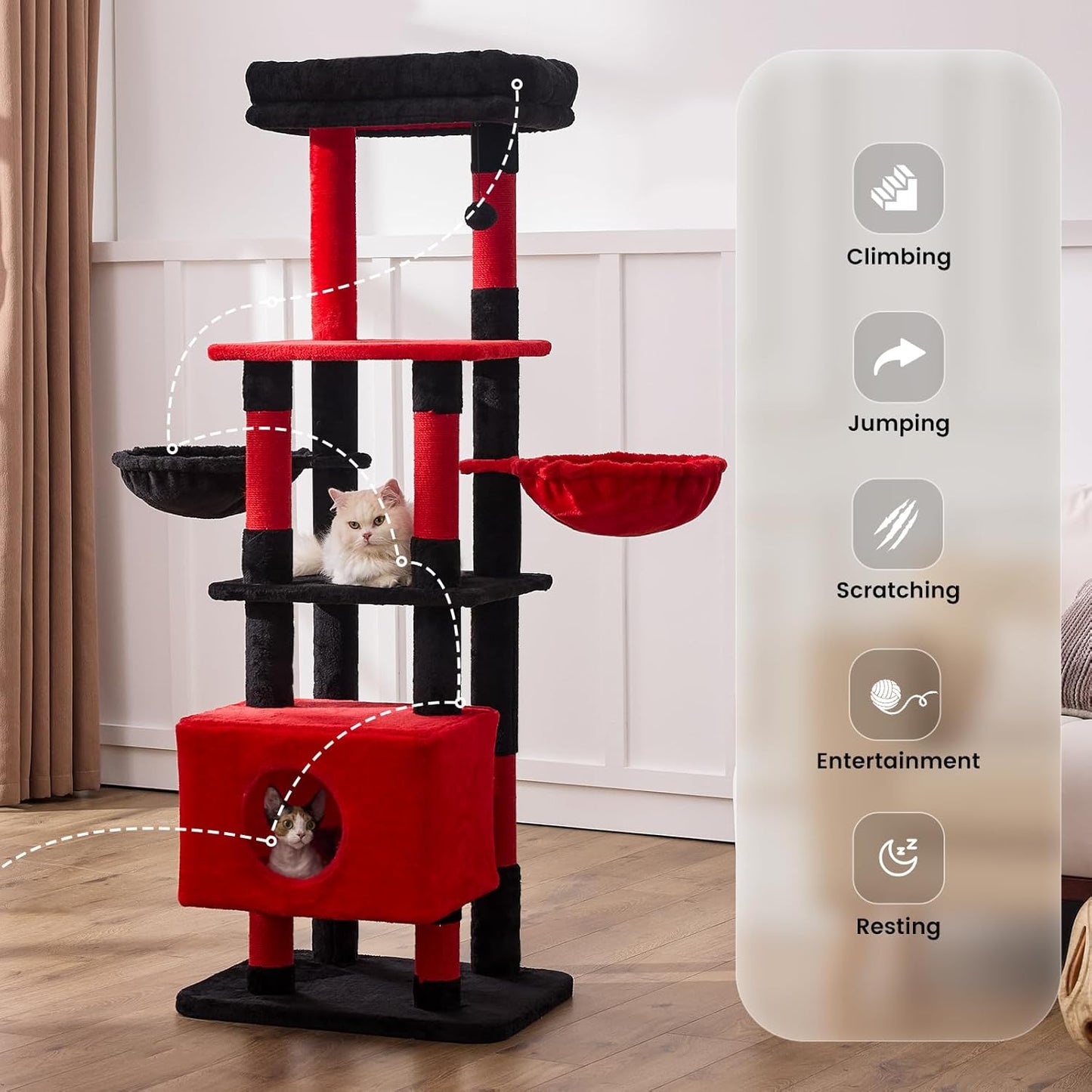 Gardner Pet 65in Heavy Duty Cat Tree Tower for Large Cats, Multi-Level Cat Furniture with Replaceable Sisal Scratching Post, Hammock | Extra-Large Platform & Condo (Black Red, Basic φ:2.84")