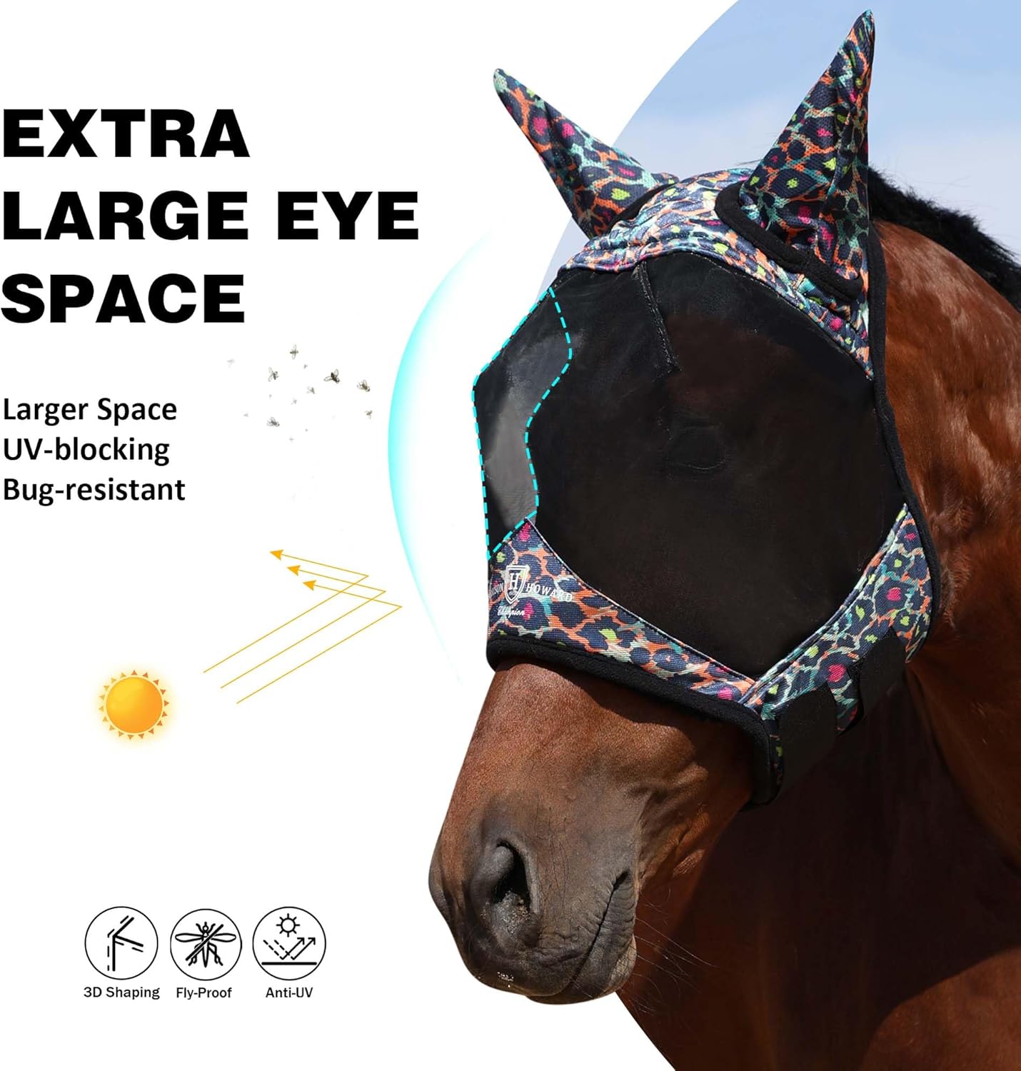 Harrison Howard Pro LumiVista Horse Half Face Fly Mask Large Eye Space with Ears UV Protection for Horse Iridescent Prints L