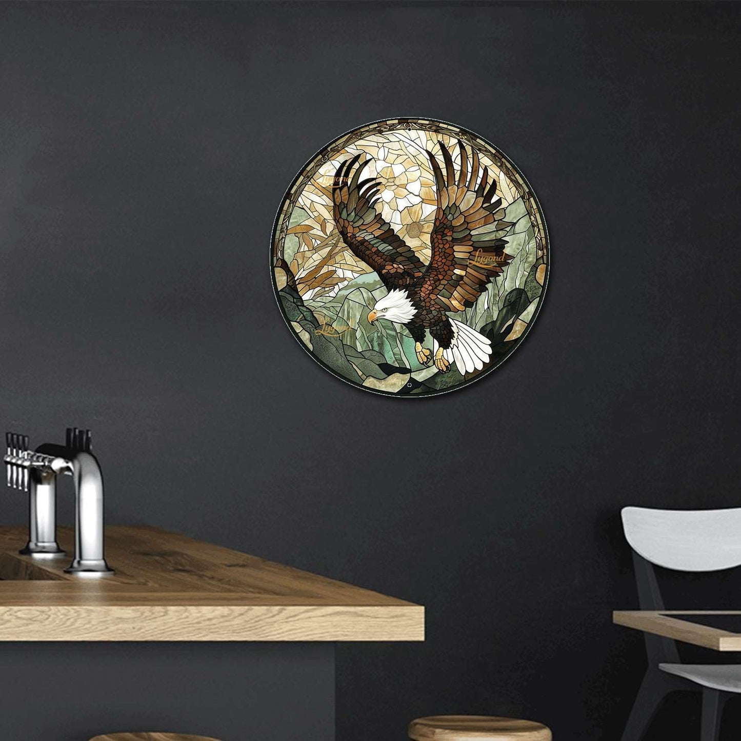 Lygond Metal Sign Tin Sign Circular Stained Glass American Bald Eagle Bar Signs for Home Bar for Club 12×12 Inches