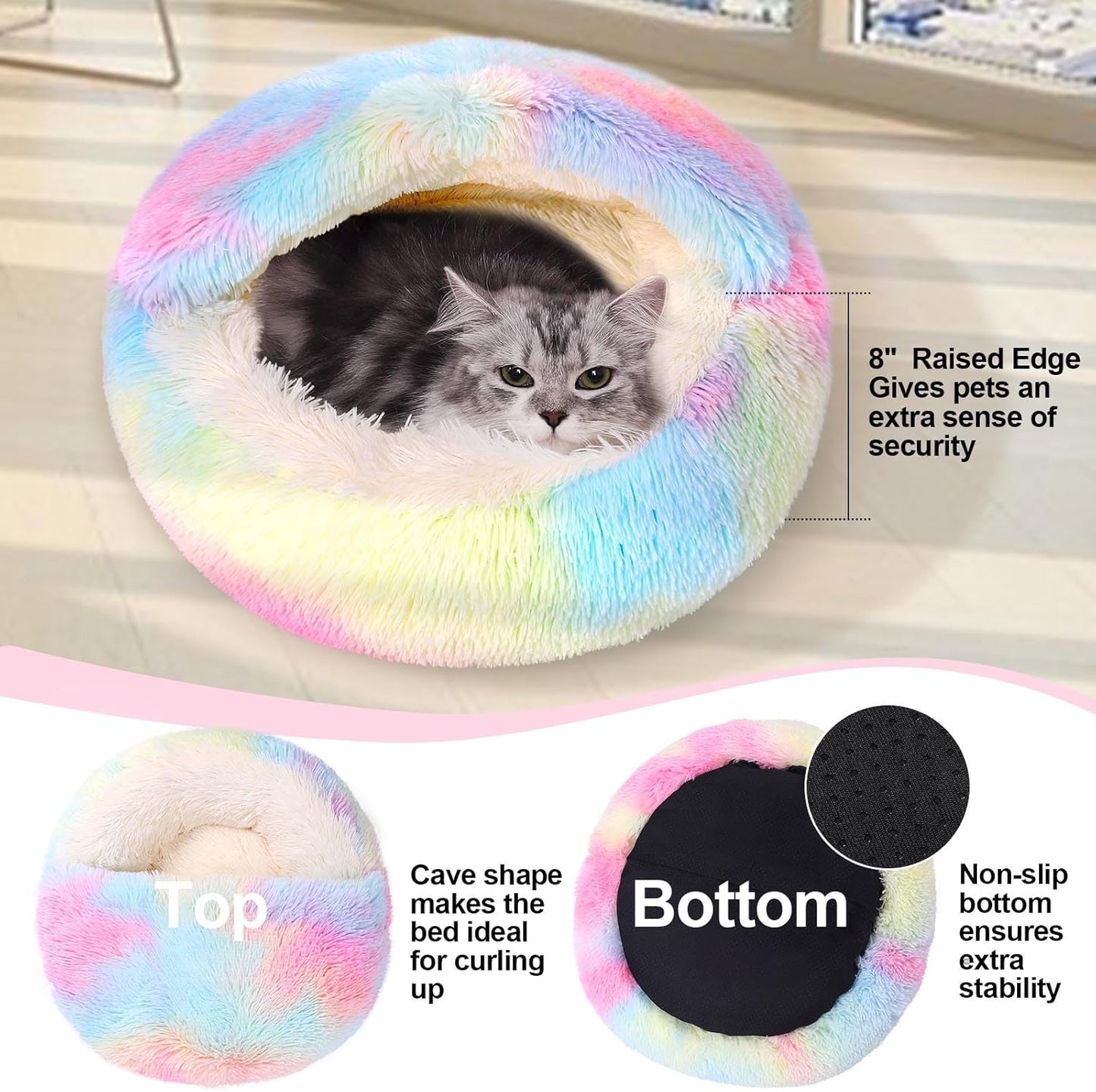 Calming Dog Beds & Cat Cave Bed with Hooded Cover,Removable Washable Round Beds for Small Medium Pets,Anti-Slip Faux Fur Fluffy Coved Bed for Improved Sleep,Fits up to 15/25 lbs(Colorful,M)