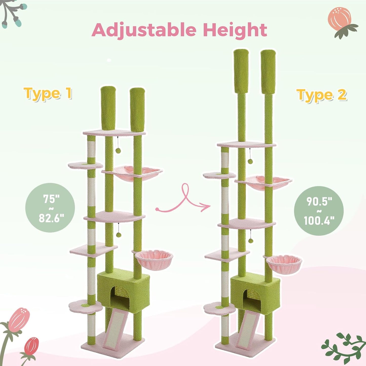 PEQULTI Tall Cat Tree Floor to Ceiling Cat Tower Adjustable Height (90.5''-100.4'' = 230cm-252cm) with Cat Condo, Cozy Hammock and Scratching Post, Pink Flower Climbing Tree for Indoor Cats, Pink