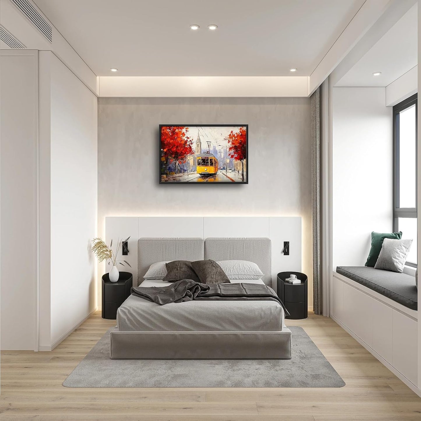 Large Cityscape Wall Art for Living Room, Framed Oversized Urban Tram Wall Decor Tree Landscape Canvas Painting Modern Artwork for Living Room Bathroom Bedroom Office Dining Room 36"x24"