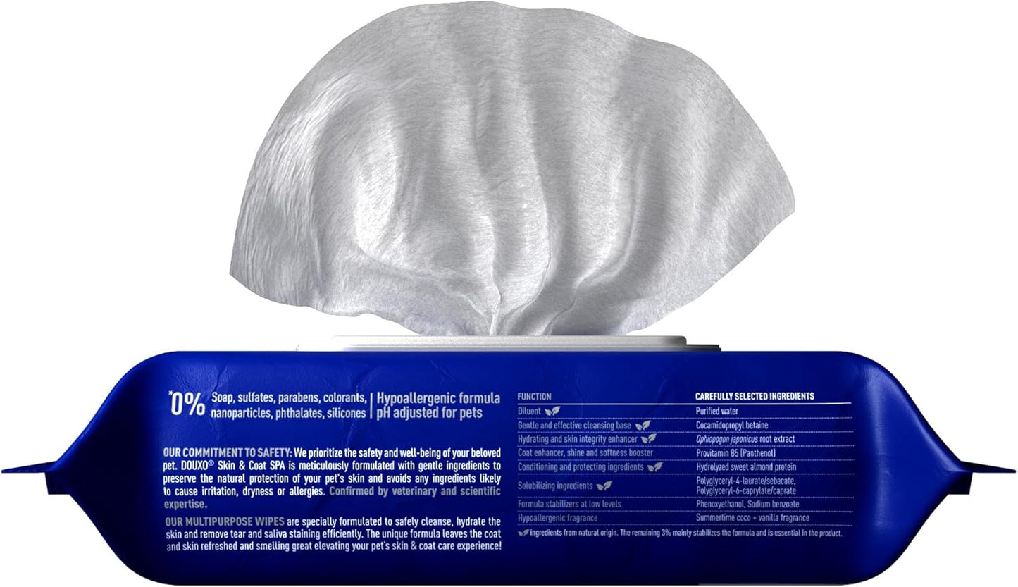 DOUXO® Skin & Coat SPA - Ultra-Safe Multipurpose Wipes for Dogs and Cats, 100 Wipes, Gently Removes Tear and Saliva Stains, Leaves the Coat and Skin Refreshed and Smelling Great, Skin-Friendly Formula