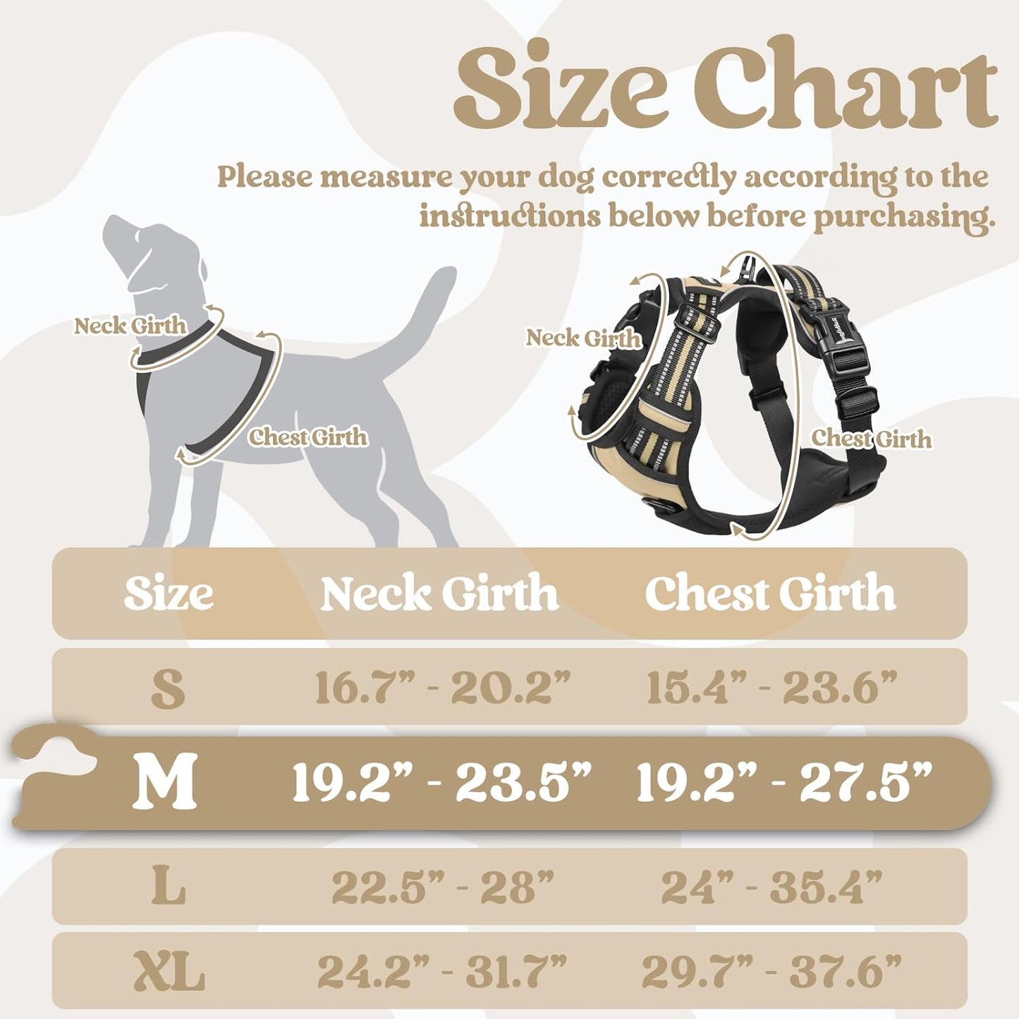 rabbitgoo Dog Harness Medium Sized, No Pull Pet Harness with 3 Buckles, Adjustable Soft Padded Vest with Control Handle, Walking Reflective Pet Vest for Medium Dogs, Beige, M