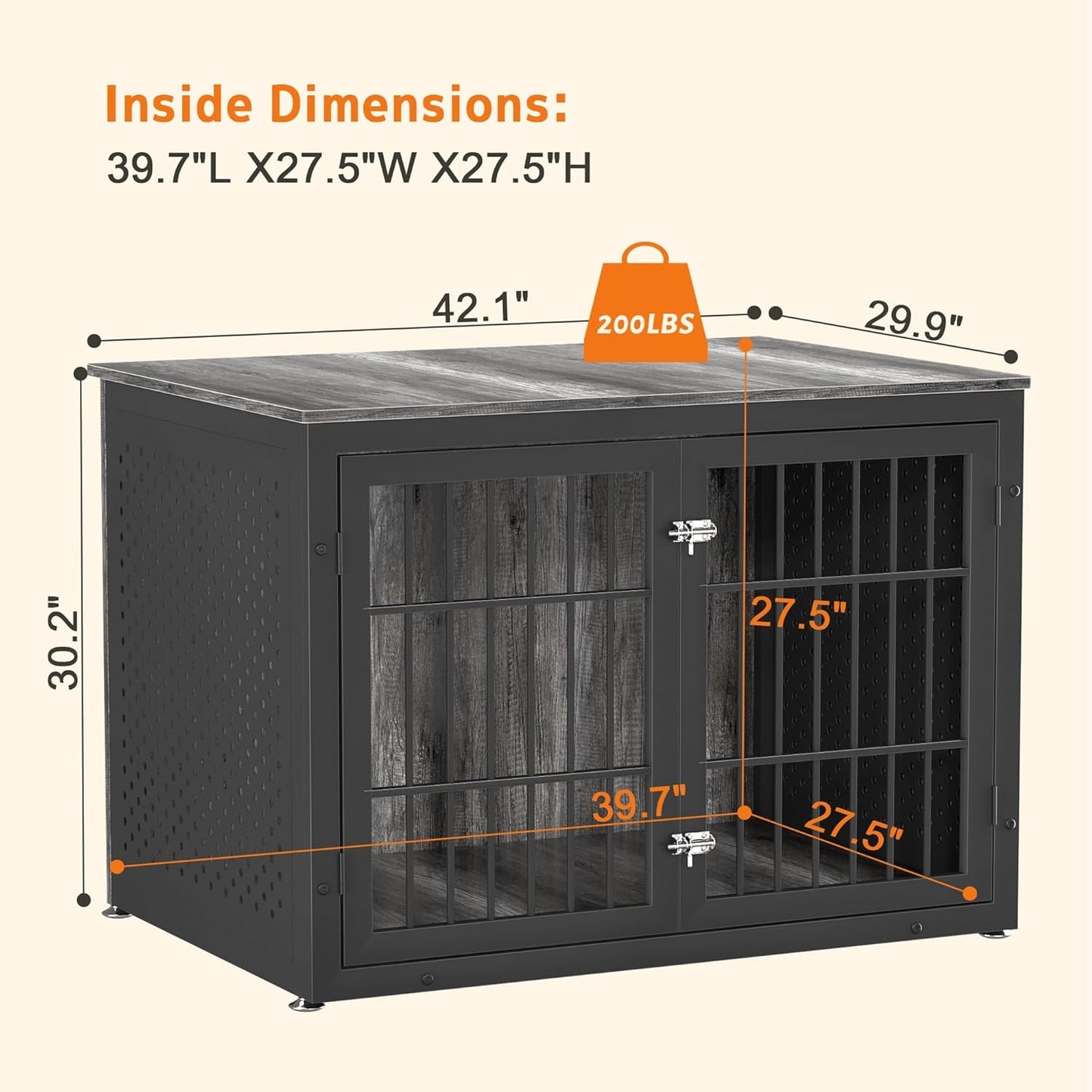 42" Heavy Duty Dog Crate Furniture for Large and Medium Dogs, Enclosed Design Wooden Metal Kennel, Pet Cage Furniture Indoor, Decorative Dog Kennel, End Table
