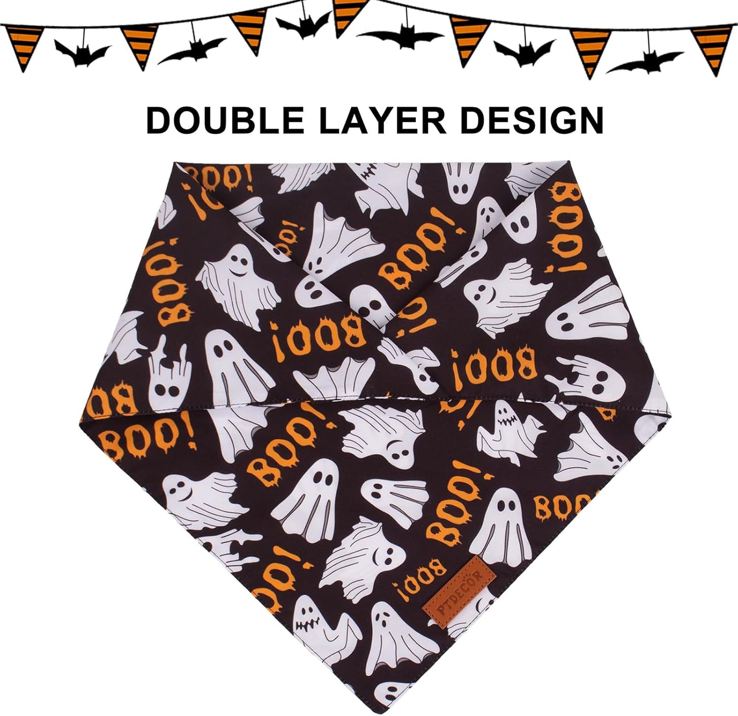 PTDECOR Halloween Dog Bandana, Reversible Holiday Pet Scarf, Multi Size, Triangle Puppy Halloween Bandanas for Small Dogs Puppies Cats (Black & Orange, Small)