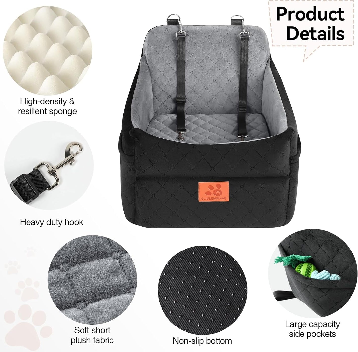 Dog Car Seat for Small/Medium Dogs, Dog Booster Car Seats with Thick Cushion for Dogs Under 35lbs, Detachable Washable Pet Car Seat with Storage Pockets, 2 Safety Belts(Black/Grey)