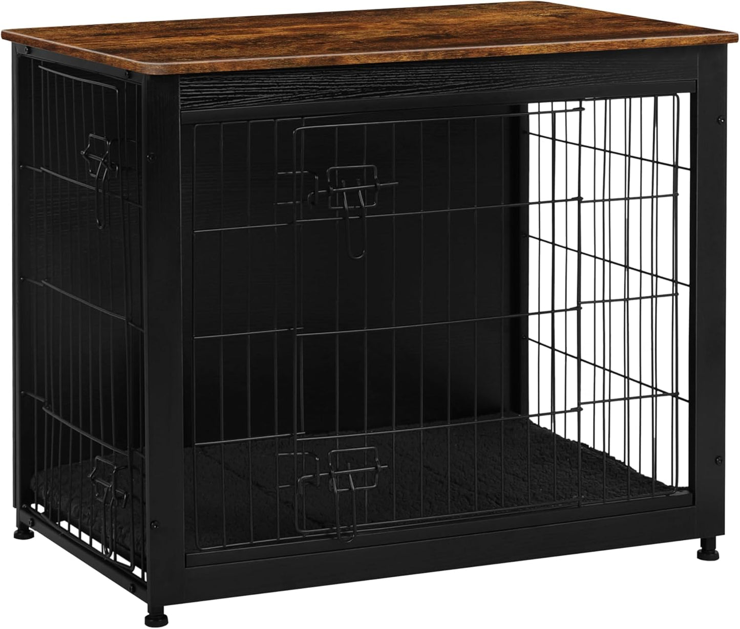 DWANTON Dog Crate Furniture with Cushion, Wooden Kennel Table with Double Doors, Indoor Dog House, Medium Size, 32.5" L, Black+Rustic Brown
