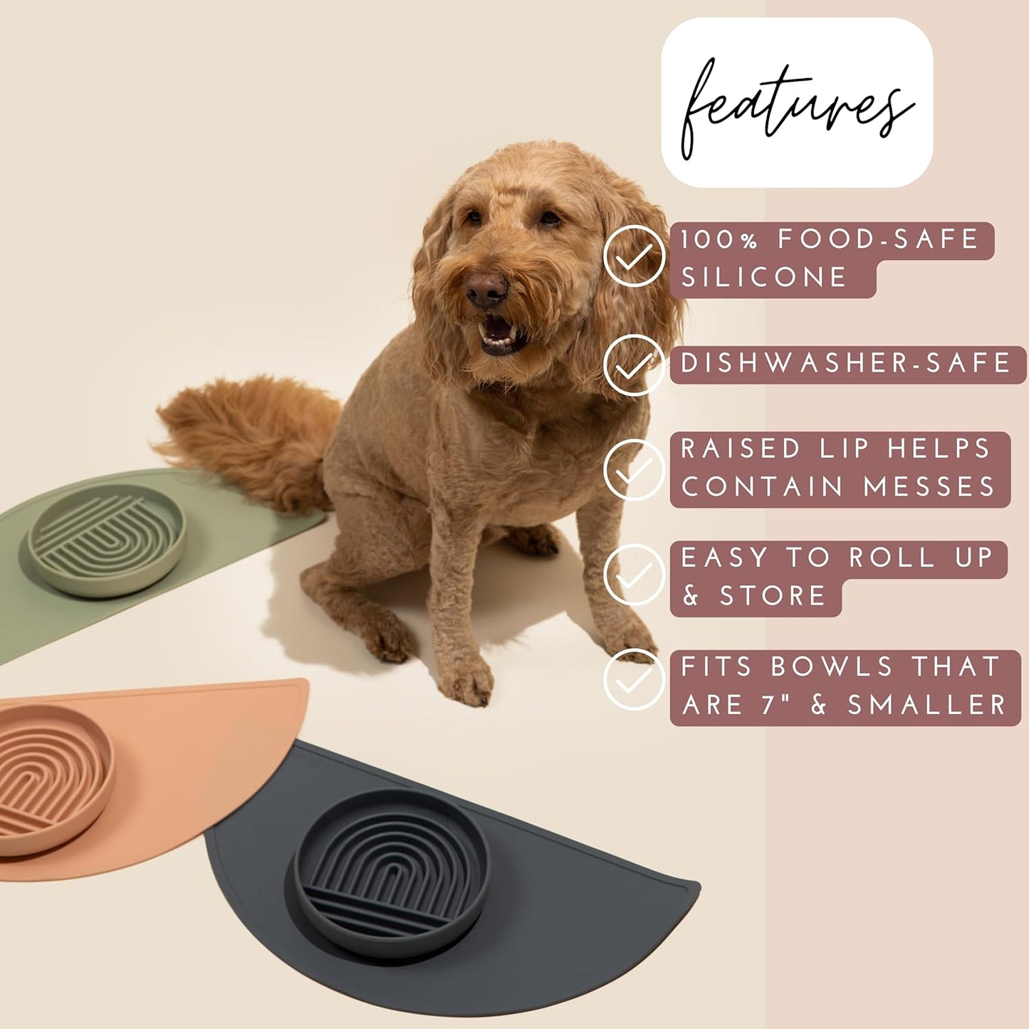 Waterproof Silicone Pet Food Mat - Non-Slip, Spill-Proof Feeding Mats for Floors, Raised Edge Design, Easy-to-Clean Rubber Mat for Dog & Cat Bowls, 21" Across x 10.5" Deep, Medium-Honey