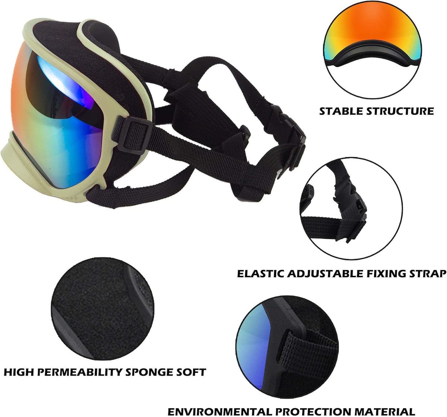 Large Dog Sunglasses with Adjustable Strap UV Protection, Winproof Puppy Sunglasses, Suitable for Medium-Large Pet Glasses, Dogs Eyes Soft Goggles, Khaki Colours