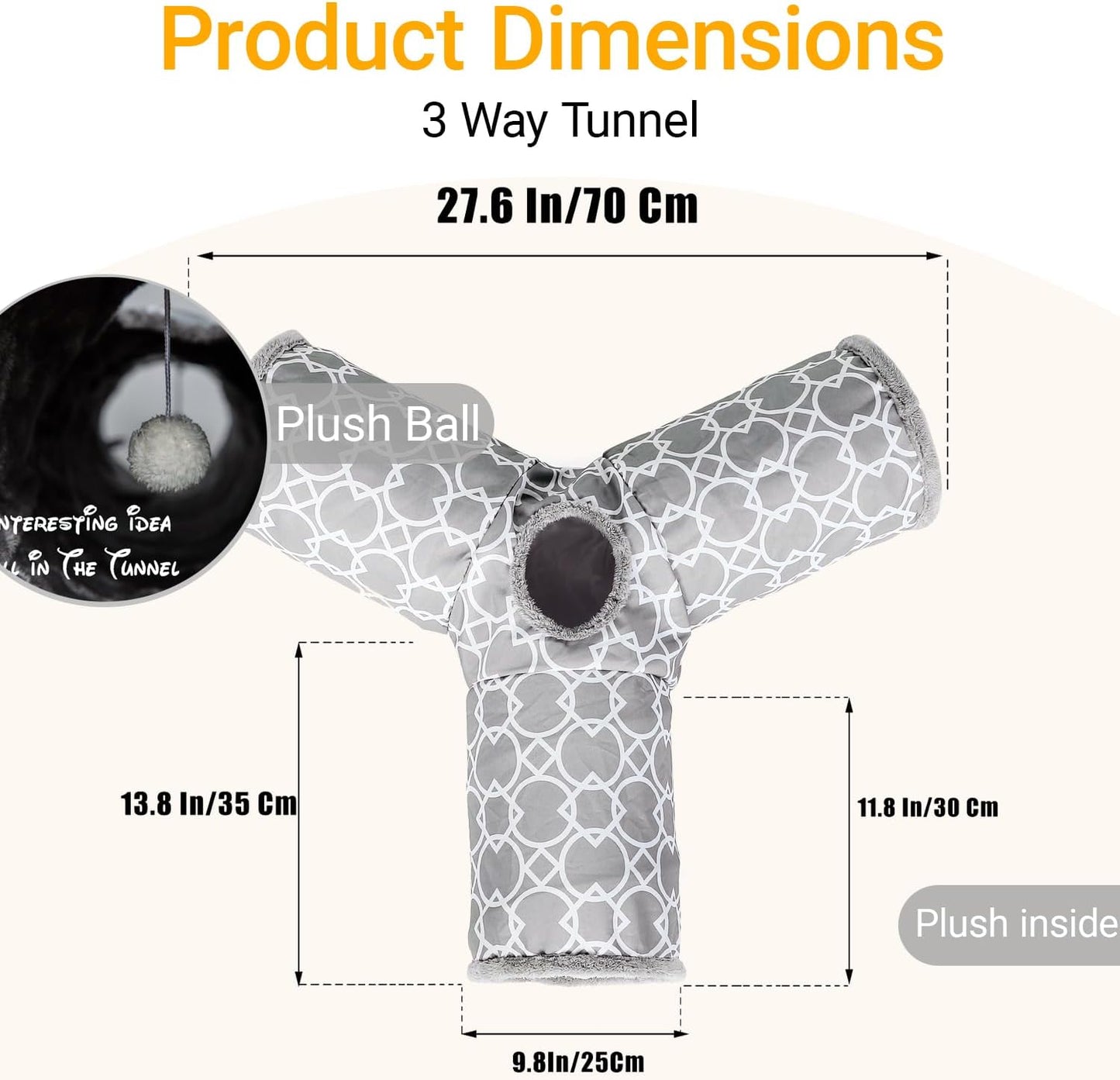 LUCKITTY Geometric 3 Way Cat Tunnel with Plush Inside,Cats Toys Collapsible Tunnel Tube with Balls, for Rabbits, Kittens, Ferrets,Puppy and Dogs