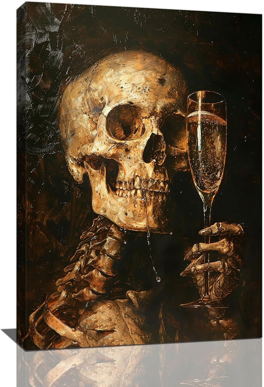 Quorin Gothic Skeleton Wall Art Goth Skull Champagne Wall Decor Dark Academia Pictures Horror Canvas Print Painting Artwork for Bathroom Living Room Bedroom 16"x24"