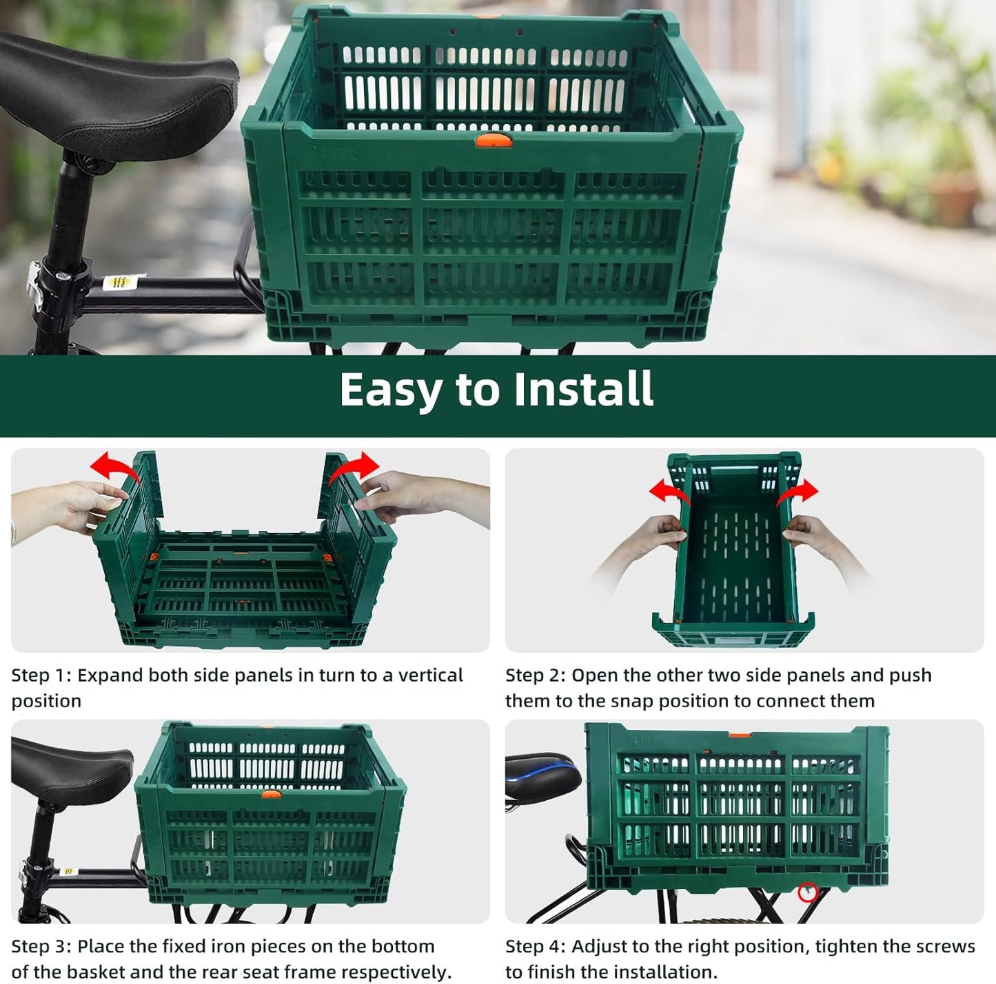 Foldable Large Green Plastic Bicycle Rear Basket with Cargo Net and Waterproof Cover Net for Shopping Outings, Pets, School, Picnics or Outdoor Activities, Easy to Install on Rack Mount