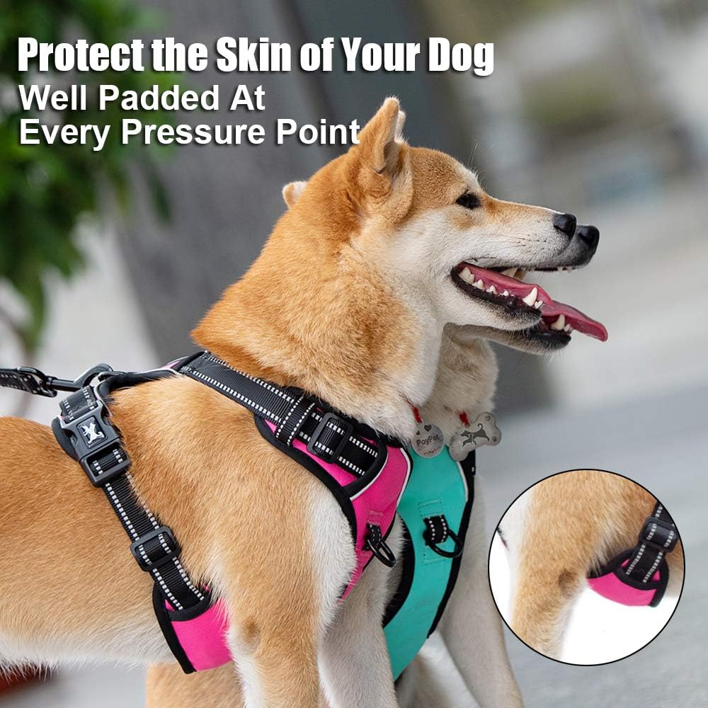 PoyPet No Pull Dog Harness, Reflective Comfortable Vest Harness with Front & Back 2 Leash Attachments and Easy Control Handle Adjustable Soft Padded Pet Vest for Small to Large Dogs (Pink,XL)