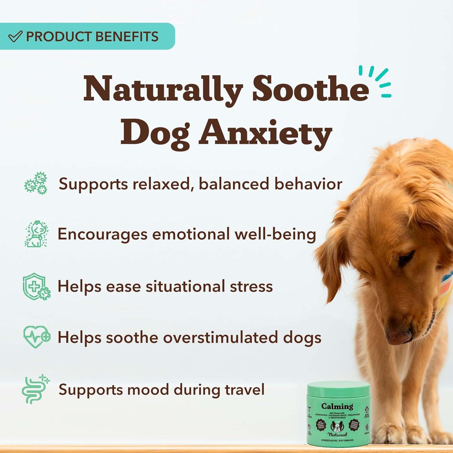 Natural Dog Company Calming Chews for Dogs, Stress & Anxiety Relief Supplement with Chamomile, Valerian Root & Melatonin, Natural Soothing Chews for Travel, Thunder, Fireworks & Separation (90 cnt)