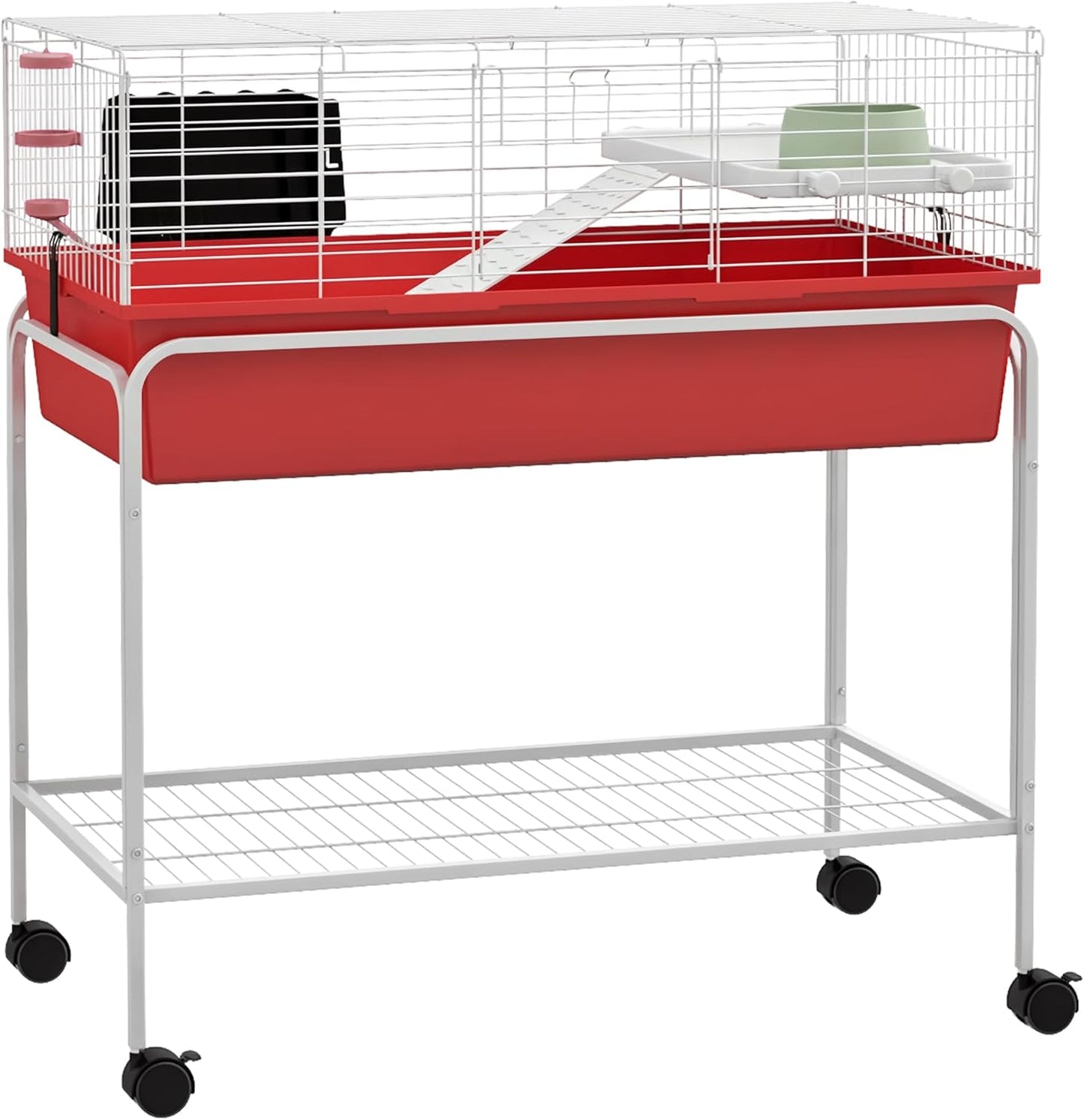 PawHut Two-Story Small Animal Cage Removable from Stand, Guinea Pig Cage with Shelf & Wheels, Pet Habitat for Hedgehog, Chinchilla, Ferret, 33" x 18.5" x 35", Red