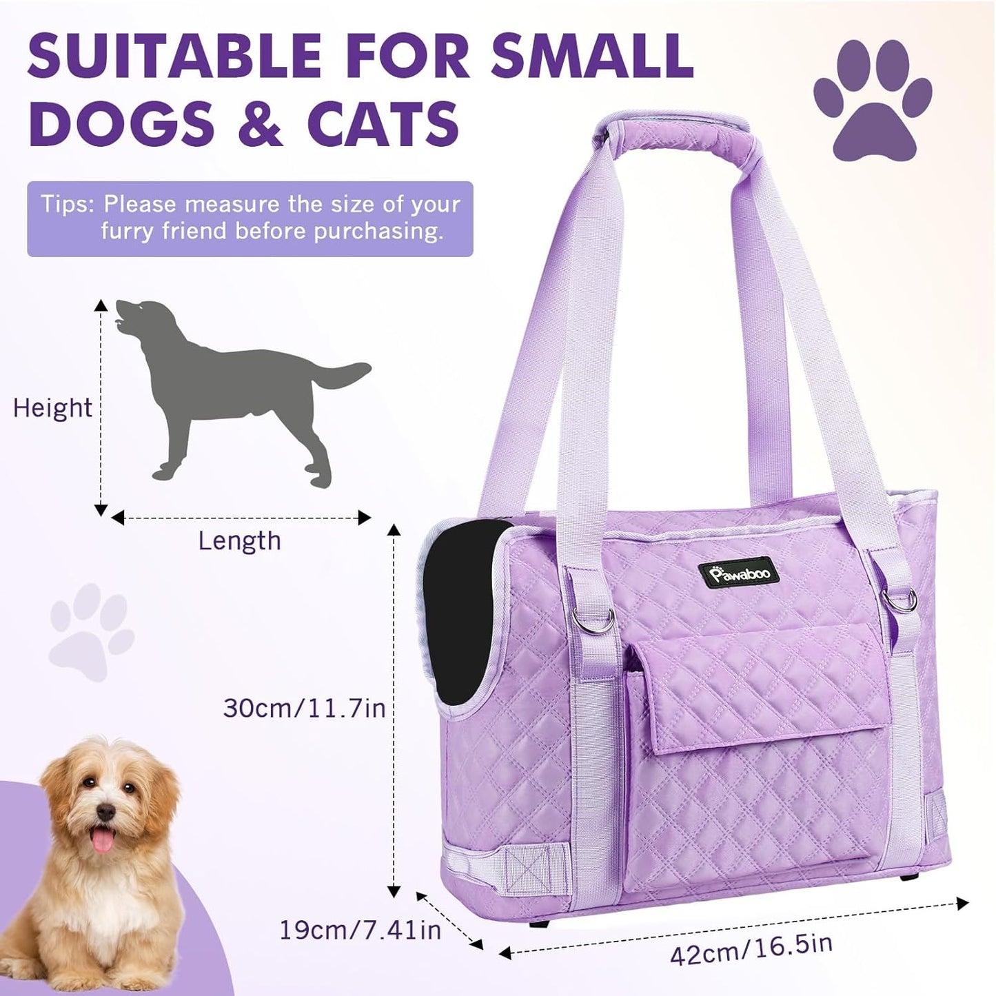 Pawaboo Dog Purse Carrier for Small Dogs with Pocket, Lightweight Dogs and Puppies Tote Bag Carrier, Dog Carriers Soft Sided for Puppy Cat Rabbit, Shopping Travel Puppy Carriers Under 11 LBS, Purple