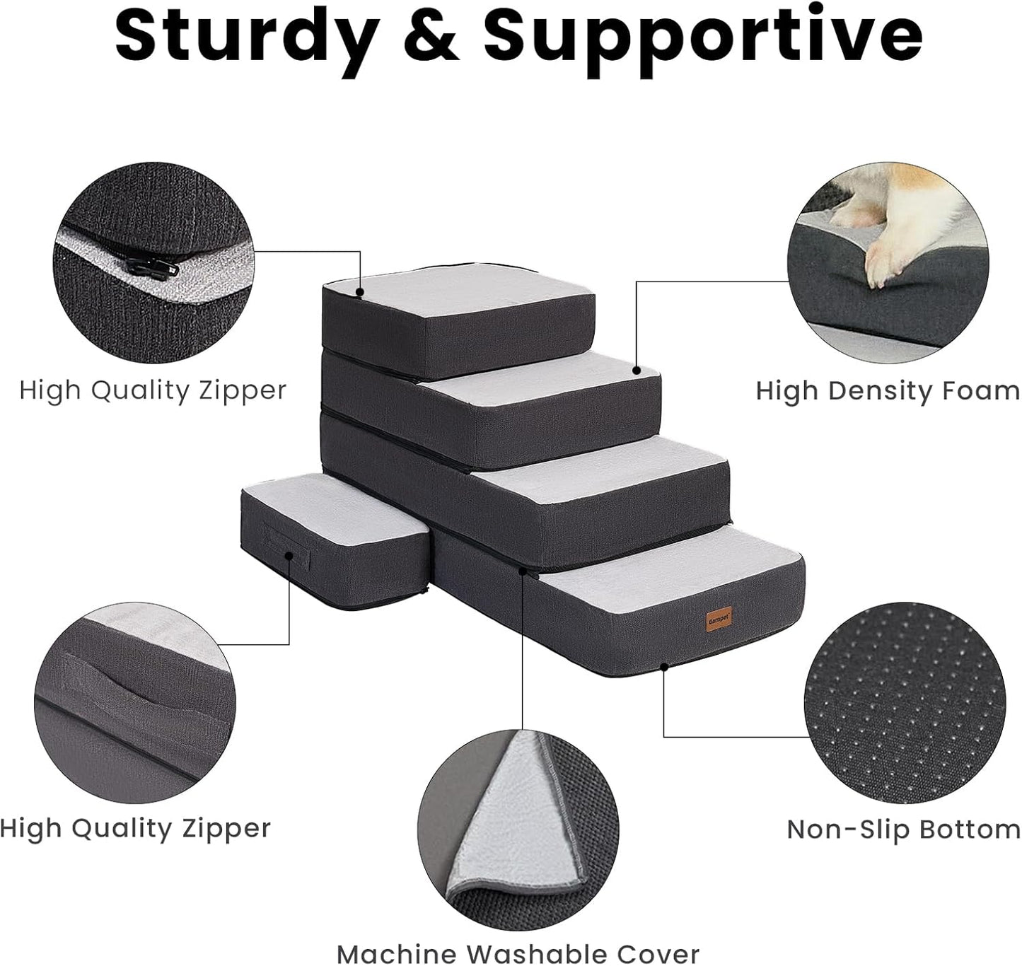 5-Step Adjustable Dog Stairs for High Beds, Dog Steps for Small Dogs and Cats, Foldable Pet Stairs for Bed Climbing, Non-Slip Pet Step Indoor, Grey