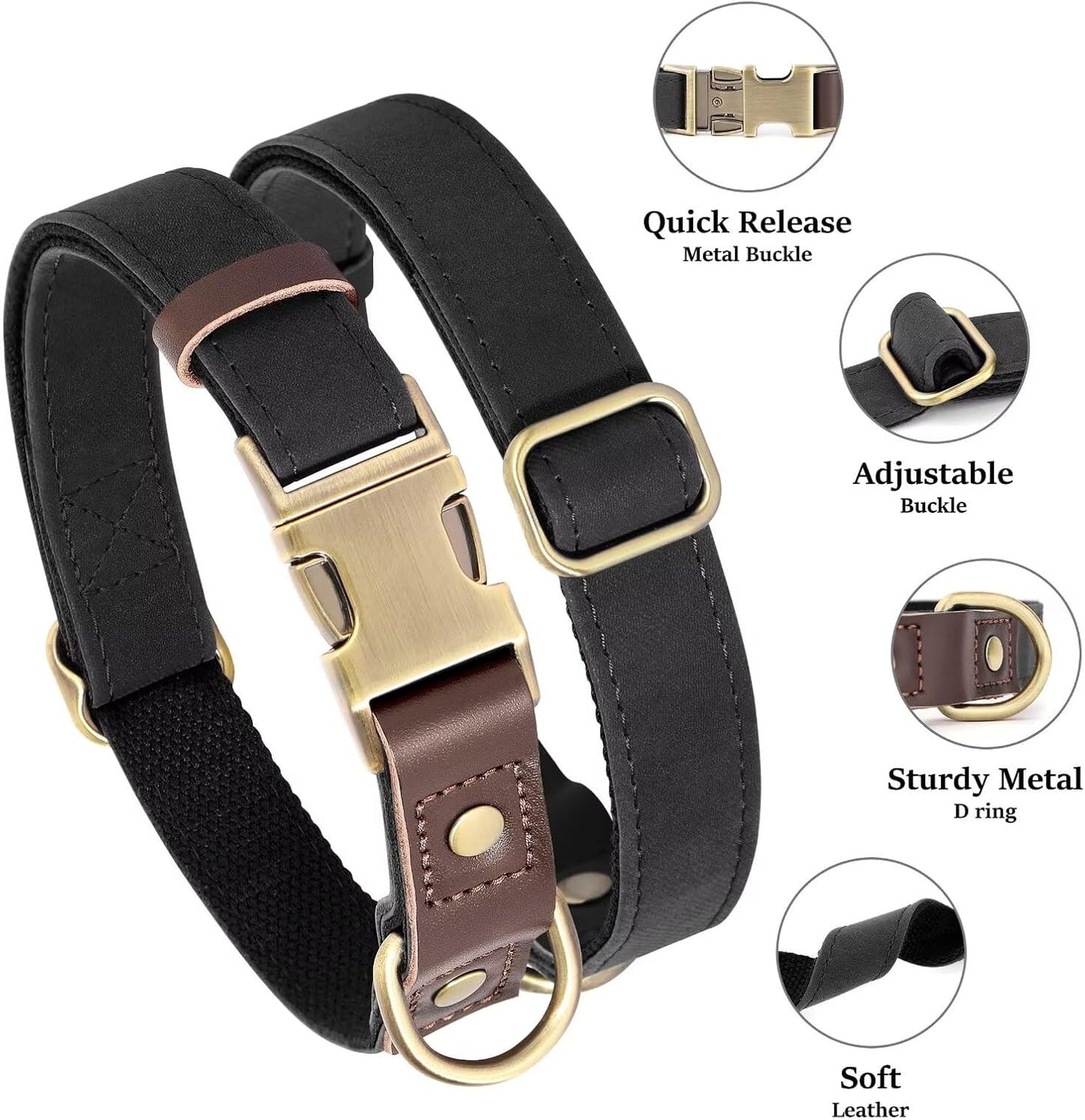 Didog Soft PU Leather Dog Collar for Large Dogs,Classic Adjustable Dog Collars with Quick Release Metal Buckle,Easy Clean and Comfortable with Nylon Lining,Black,L Neck 15-23"