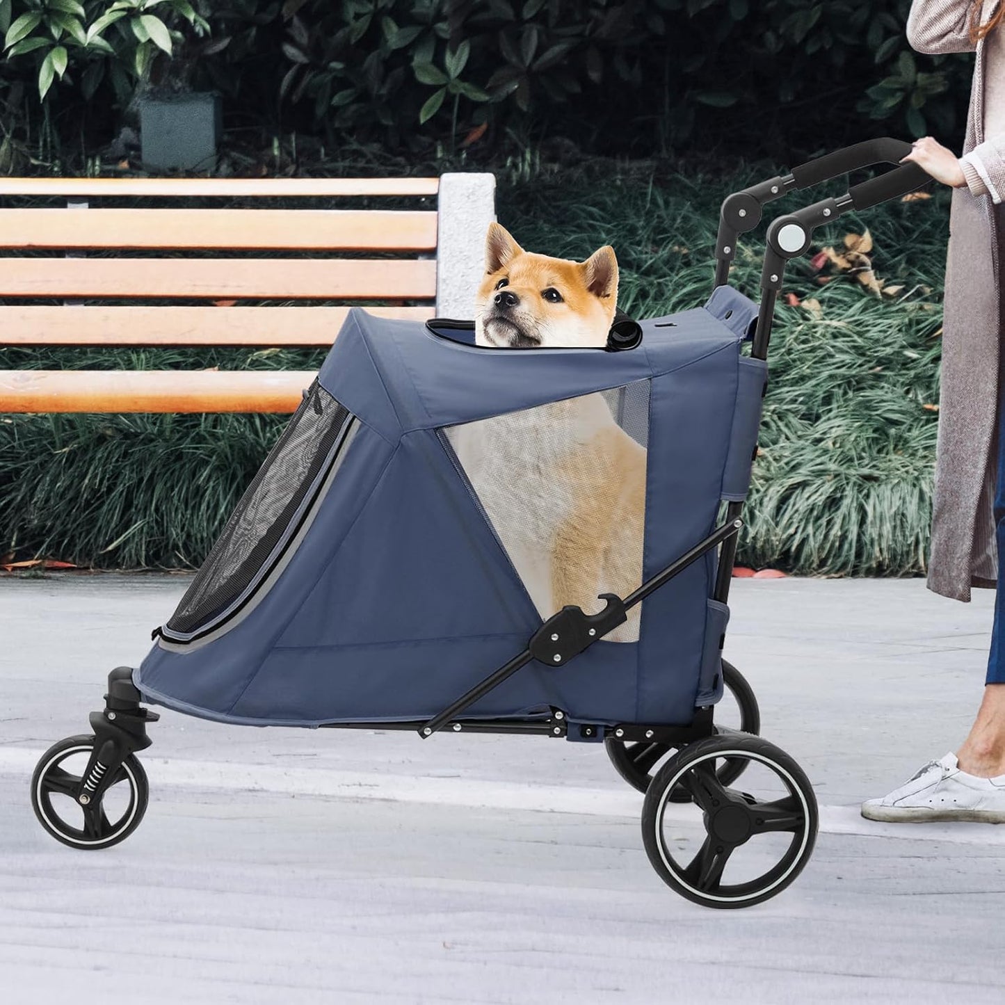 Athena Collection 3 Wheels Pet Stroller Fabric Dog Cart Dog Stroller for Large Dogs 55 Lbs Pet Stroller with Mesh Windows, Zipper Back Pocket, Safety Tether, Angle Adjustable Handlebar, Navy Blue