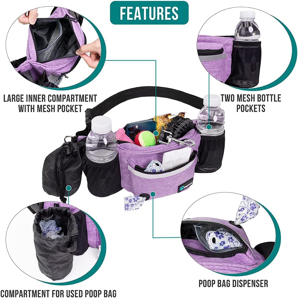 PetAmi Dog Fanny Pack, Treat Pouch for Dog Walking, Training, Built in Poop Bag Dispenser, Water Bottle Holder, Collapsible Bowl, Pet Treat Waist Belt for Hiking, Running, Kibbles (Purple)