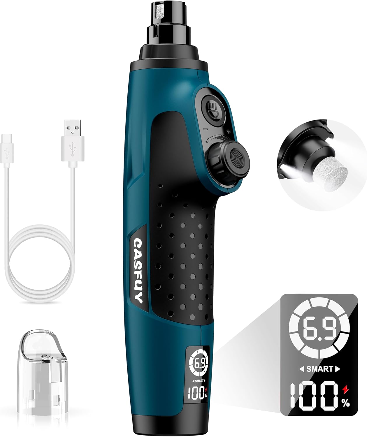 Casfuy Smart 6-Speed Dog Nail Grinder - 50% More Power Pet Nail Grinder with 2 LED Lights Quiet Rechargeable Electric Dog Nail Trimmers File Toenail Grinder for Large Medium Small Dogs & Cats (DB)