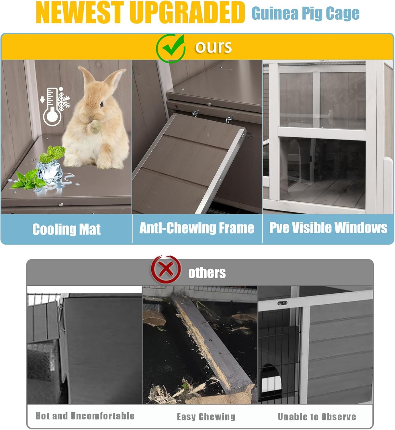 Guinea Pig Cages Indoor, Wooden Guinea Pig Cages with Stand, Rabbit Cage Hutch with Ramp and Hideout, Small Animals Cage Habitat with Not Leakage Pull Out Tray