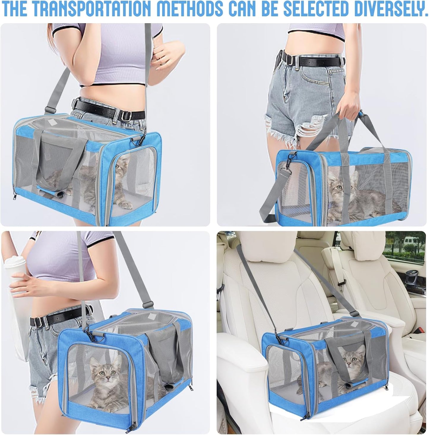 Pet Carrier for Large Cats of 20 Lbs, Collapsible Carrier Bag for Big Cat or 2 Kittens,Soft Sided Puppy Carrier with Sturdy Travel Transport Strap, Adequate Ventilation, 4 Mesh Windows (Blue)