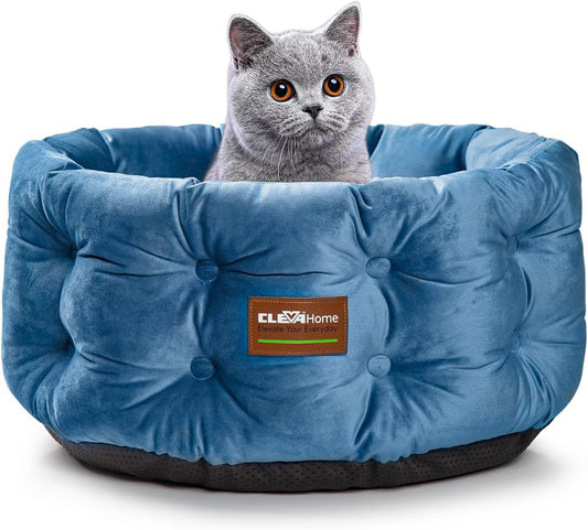 ClevaHome Deep Nest Cat Bed for Small Pets up to 15lbs - Round Cat Beds for Indoor Cats, Luxurious Velvet Feel, Extra High Sides, Machine Washable Comfort Pet Bed with Non-Slip Bottom (Steel Blue)