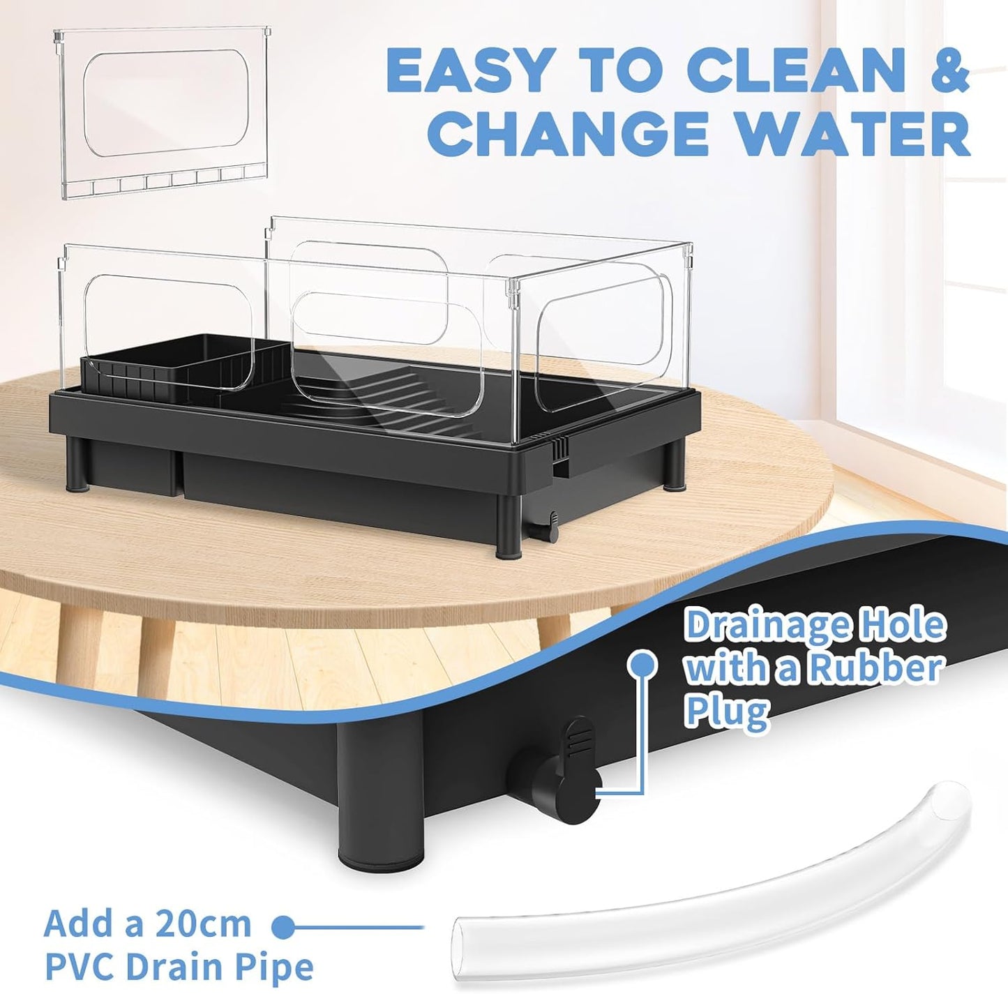 Small Turtle Tank Kit, Acrylic Turtle Tank Starter Kit with Basking Platform, Bottom Drainage, Multi-Function Areas for Turtles, Crabs, Crayfish, Small Reptiles. (Black Kit)