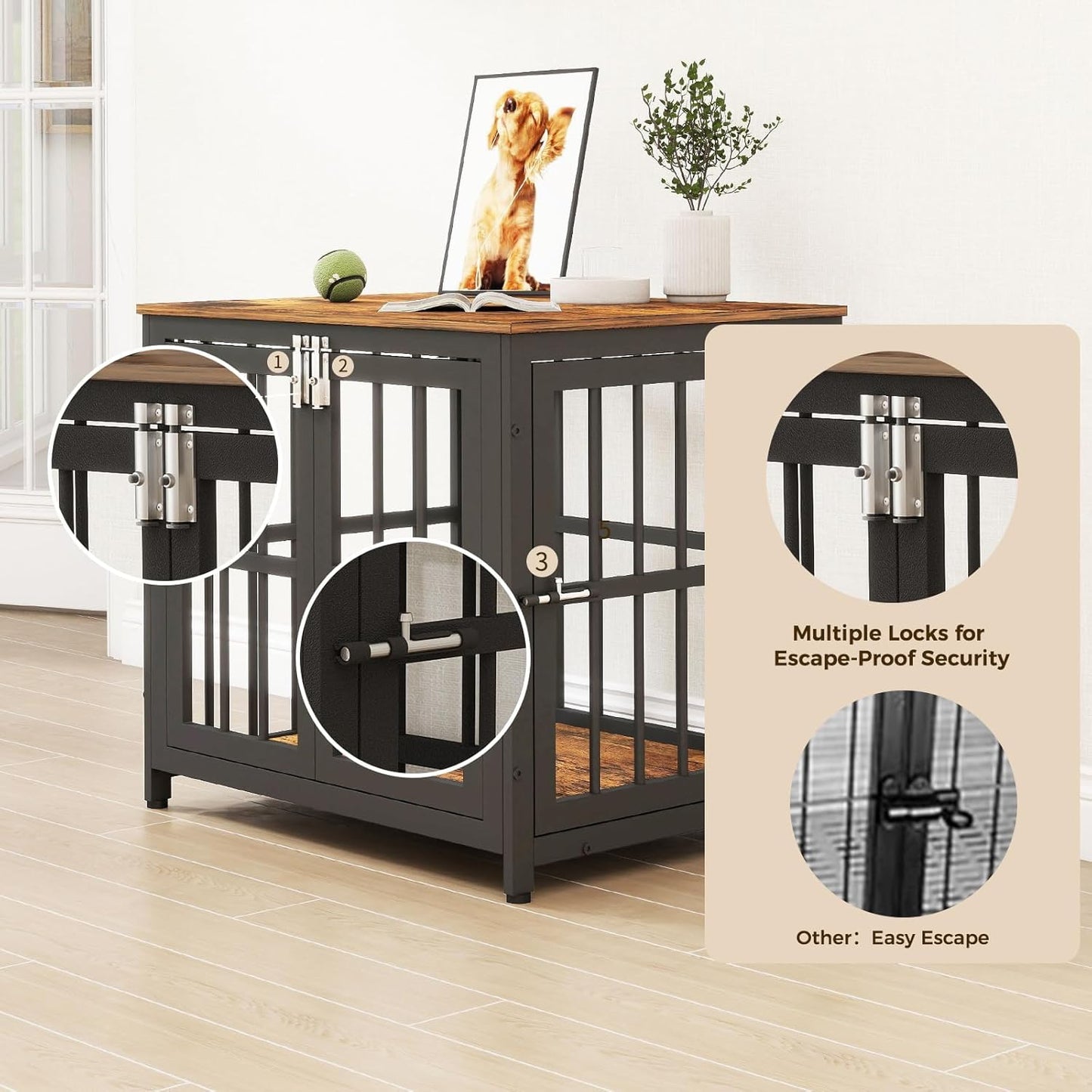 26 Inch Heavy Duty Wooden Dog Kennel End Table with Double Door Design and Secure Locks, Indoor Pet Crate Furniture for Small Dogs, Decorative Home Cage Design,Aged Black