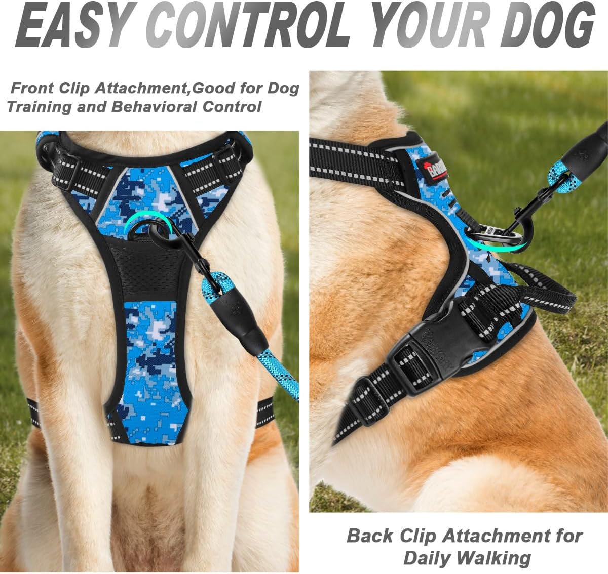 BARKBAY No Pull Dog Harness Front Clip Heavy Duty Reflective Easy Control Handle for Large Dog Walking(Blue camo,S)