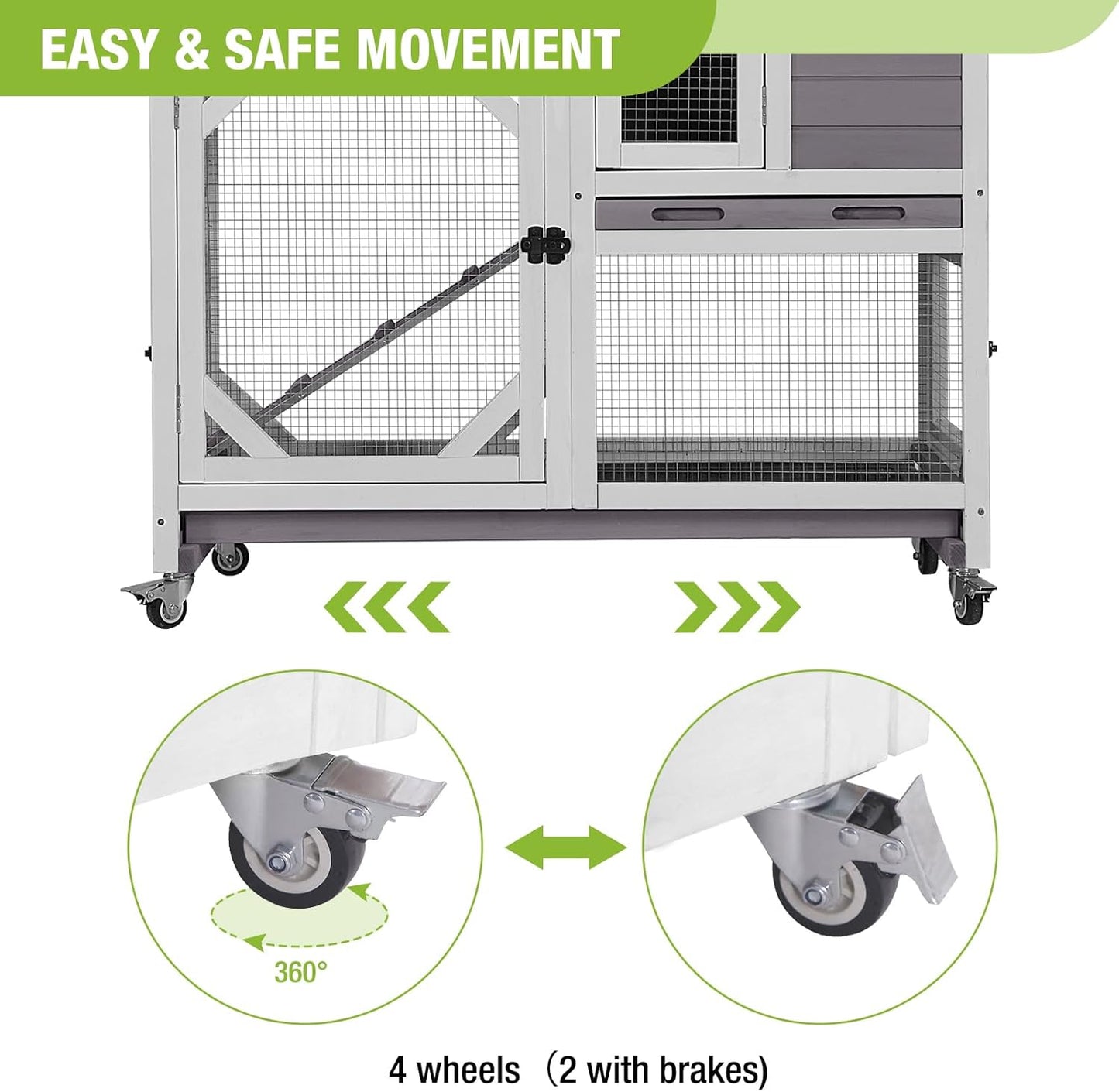 GUTINNEEN Rabbit Hutch Indoor Outdoor 2 Story Bunny House on Wheels Wood Rabbit Cage with 2 Pull Out Trays Guinea Pig Cage (Gray)