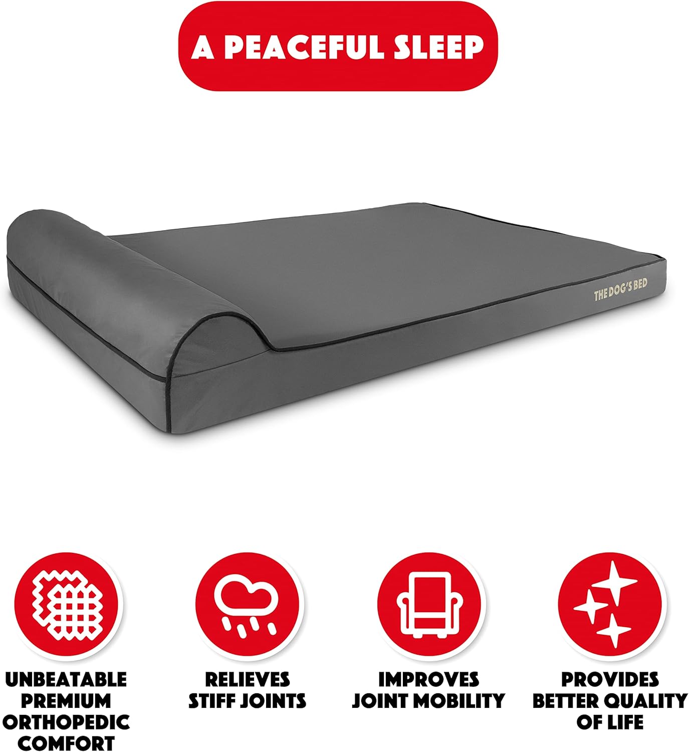 The Dog’s Bed Orthopedic Headrest Dog Bed XXL Grey/Black 54x36, Memory Foam, Pain Relief for Arthritis, Hip & Elbow Dysplasia, Post Surgery, Lameness, Veterinary Approved, Waterproof Washable Cover