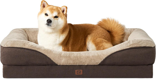 EHEYCIGA Memory Foam Dog Bed for Large Sized, Orthopedic Dog Sofa with Sides and Waterproof Liner, Washable Bolster Pet Bed Couch with Removable Cover, 36x27x7 Inch, Brown