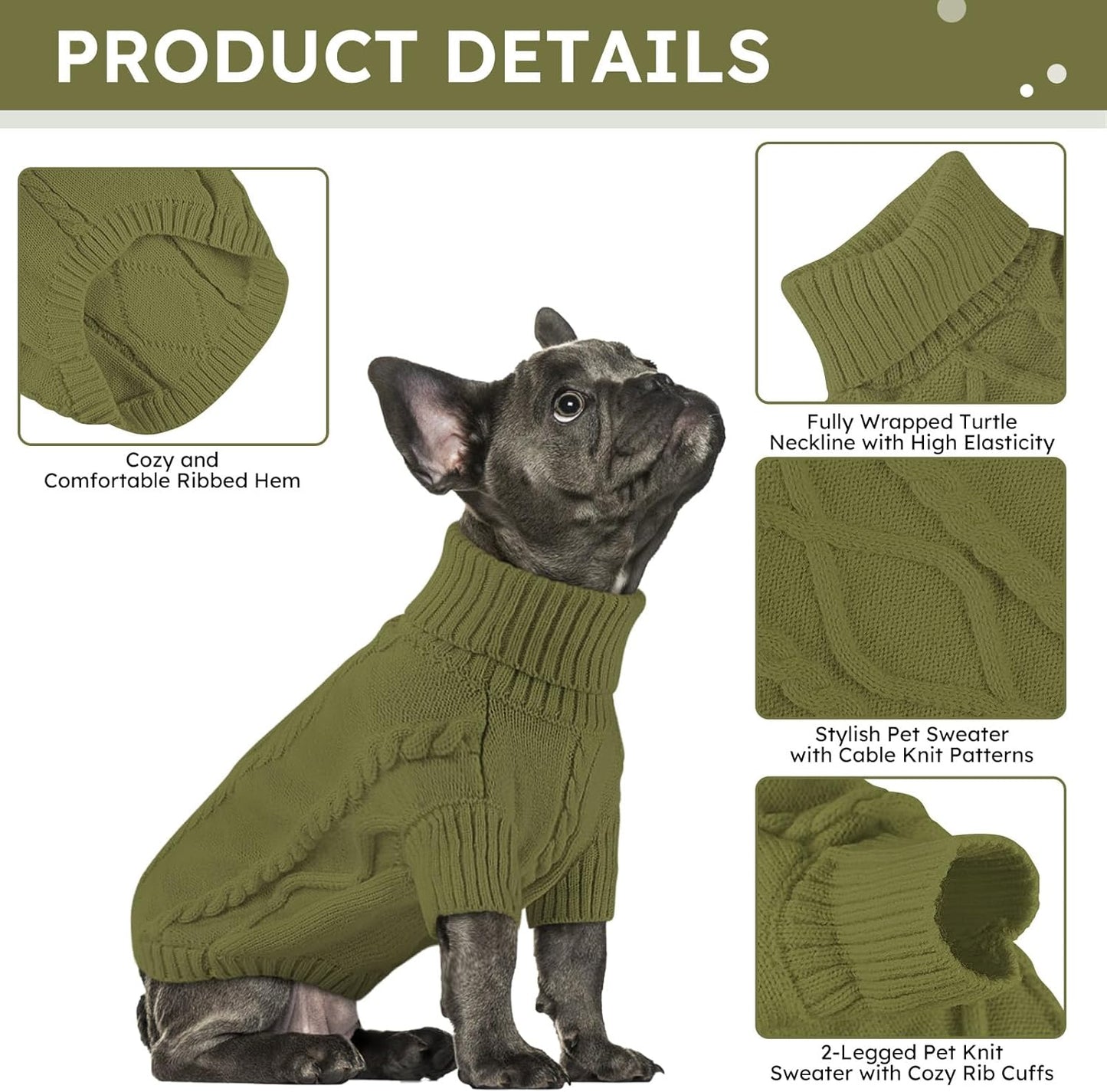 Queenmore Small Dog Pullover Sweater, Cold Weather Cable Knitwear, Classic Turtleneck Thick Warm Clothes for Chihuahua, Bulldog, Dachshund, Pugl,OliveGreen,XL