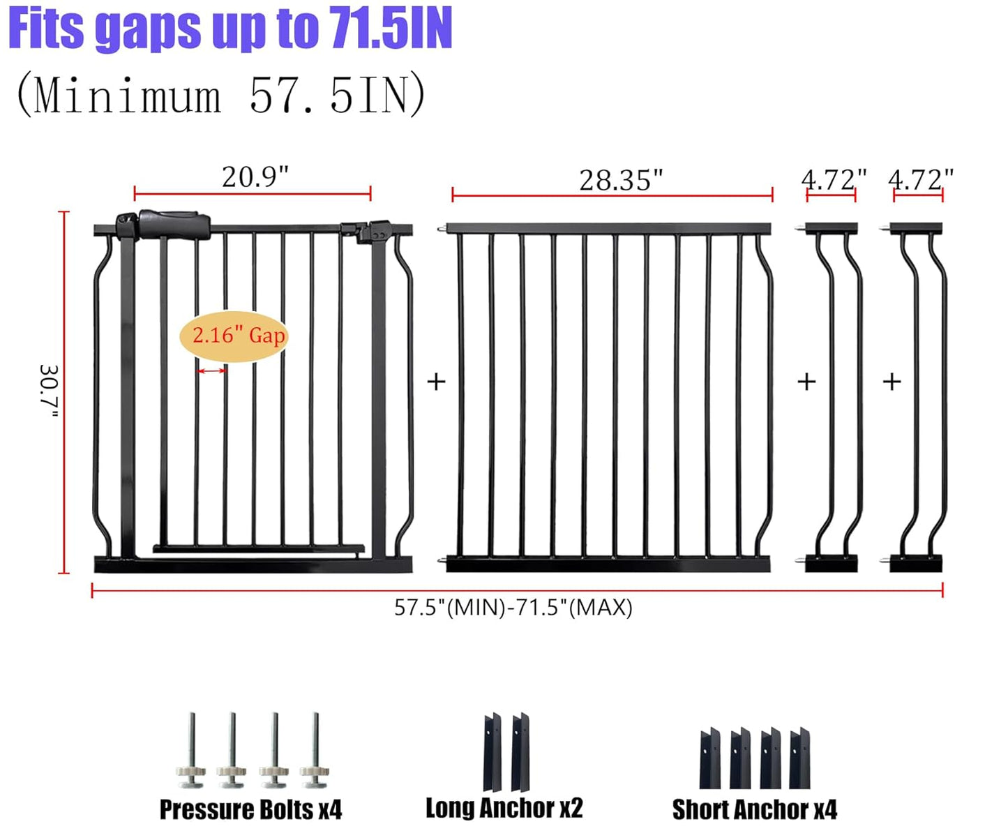 Wide Baby Gate 67-71.5 Inch Heavy Duty Steel Safety for Stairs, Pressure-Mounted Indoor Dog, No Drilling, Modern Home Design, Black