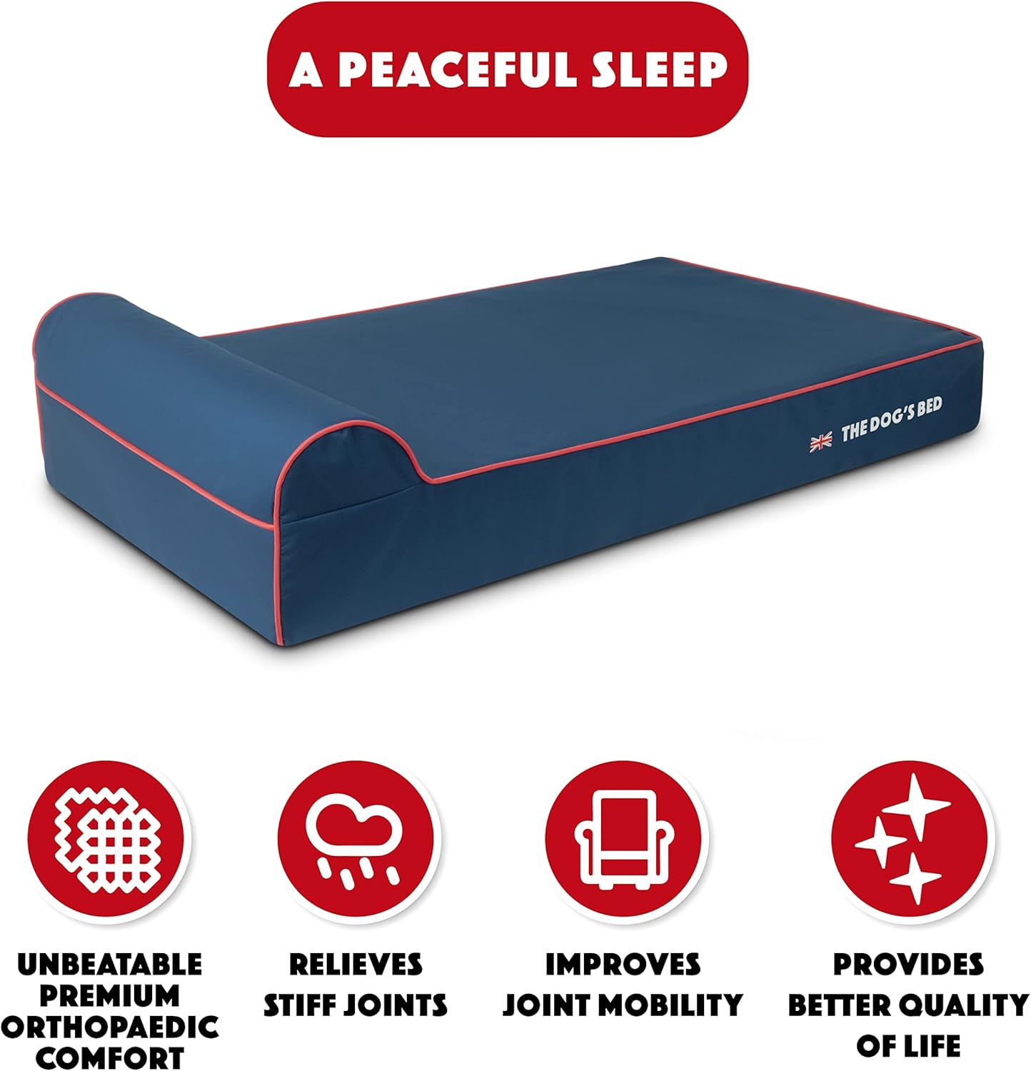 The Dog’s Bed Orthopedic Headrest Dog Bed XL Blue Oxford with Red Trim UK Flag Dog Bed 46x28, Memory Foam, Hip & Elbow Dysplasia, Post Surgery, Veterinary Approved, Waterproof Washable Cover
