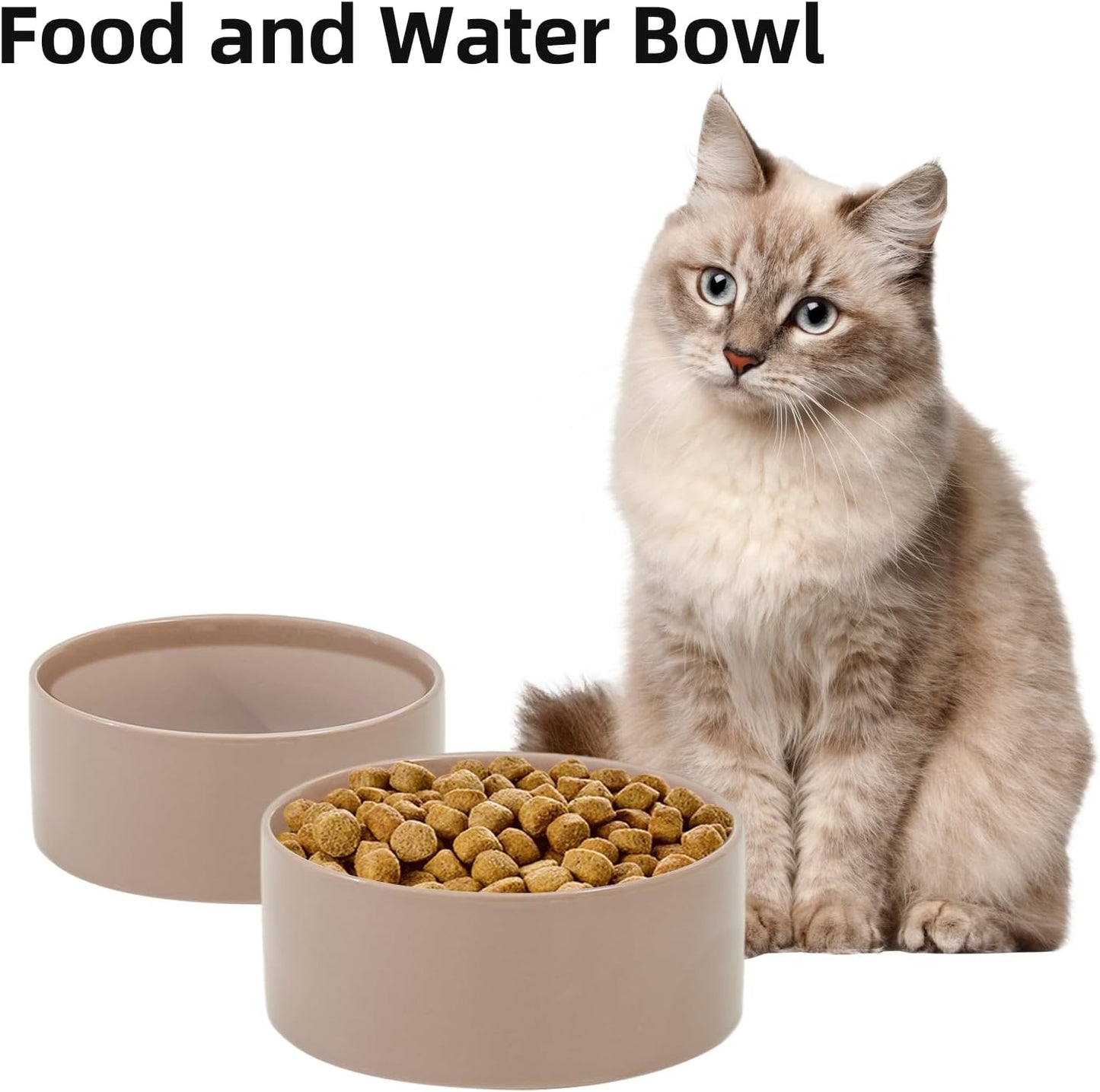 Ceramic 5.1inch Set of 2 Dog and Cat Bowls, 2pcs Anti-Slip Food and Water Feeder Dishes for Puppies, Kitties, Cats(2 Bowls, Brown Coffee)