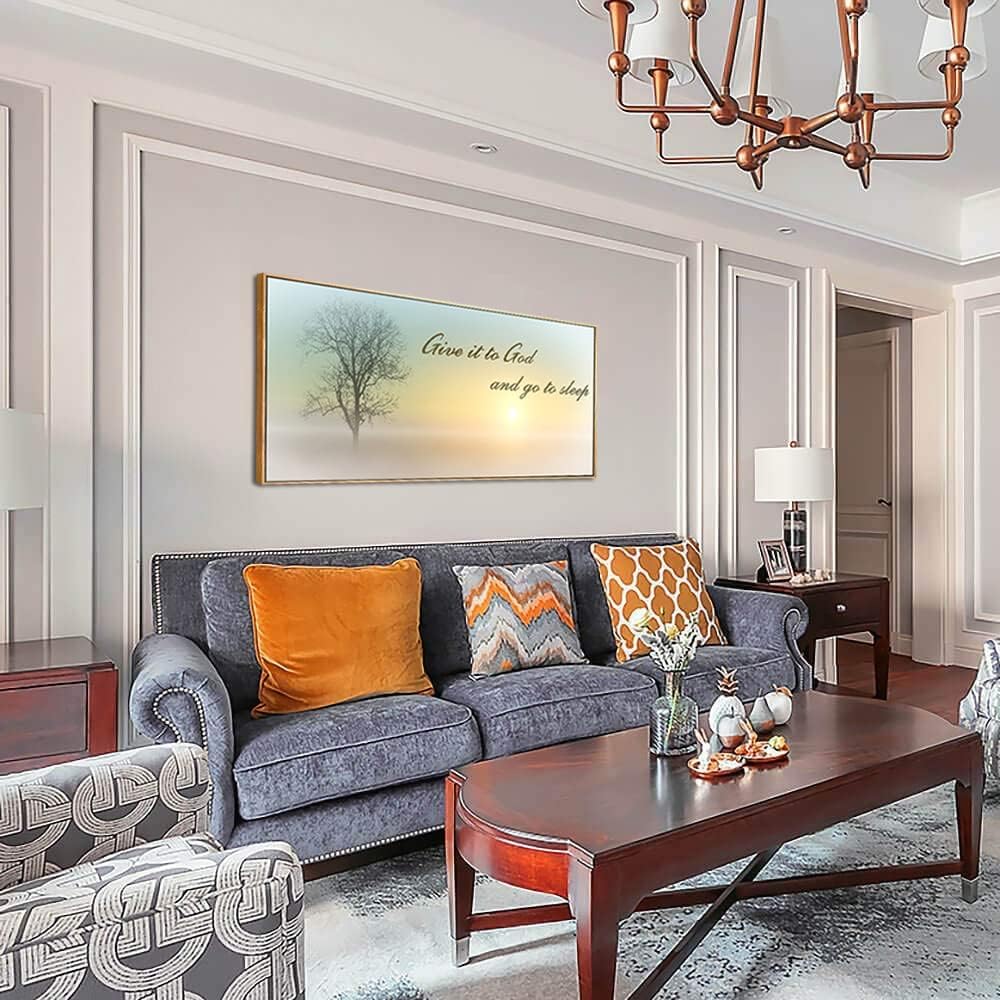 Lasdel Natural Extra Framed Wall Art of Misty Sunset & Tree Plant Picture For Bedroom Home Above Bed,Large White Country Wood Sign For Bathroom,Give It To God & Go to Sleep Artwork Decor,24x48