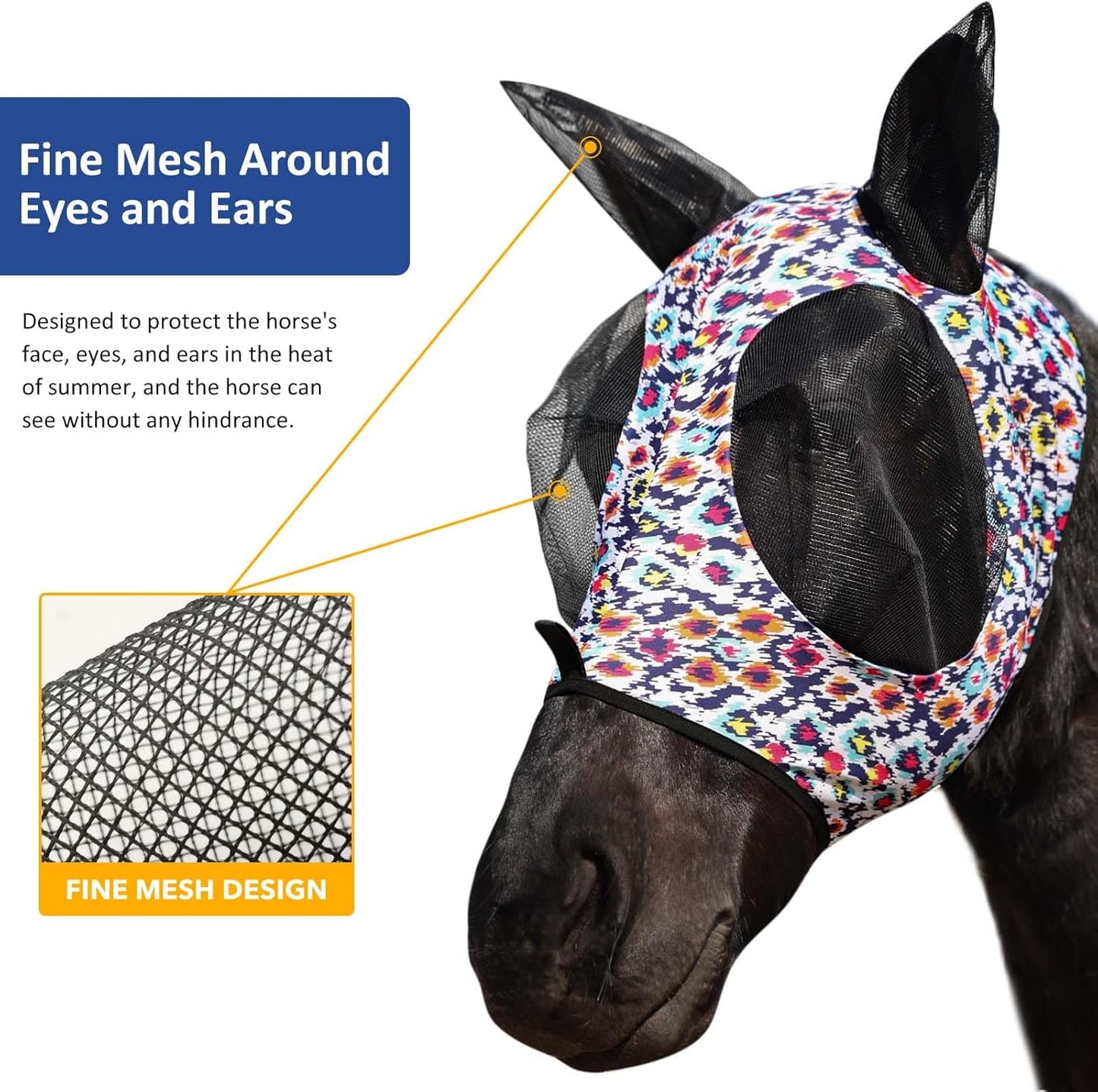 Harrison Howard Super Comfort Stretchy Fly Mask Large Eye Space with UV Protection Soft on Skin with Breathability Geo Feather XL