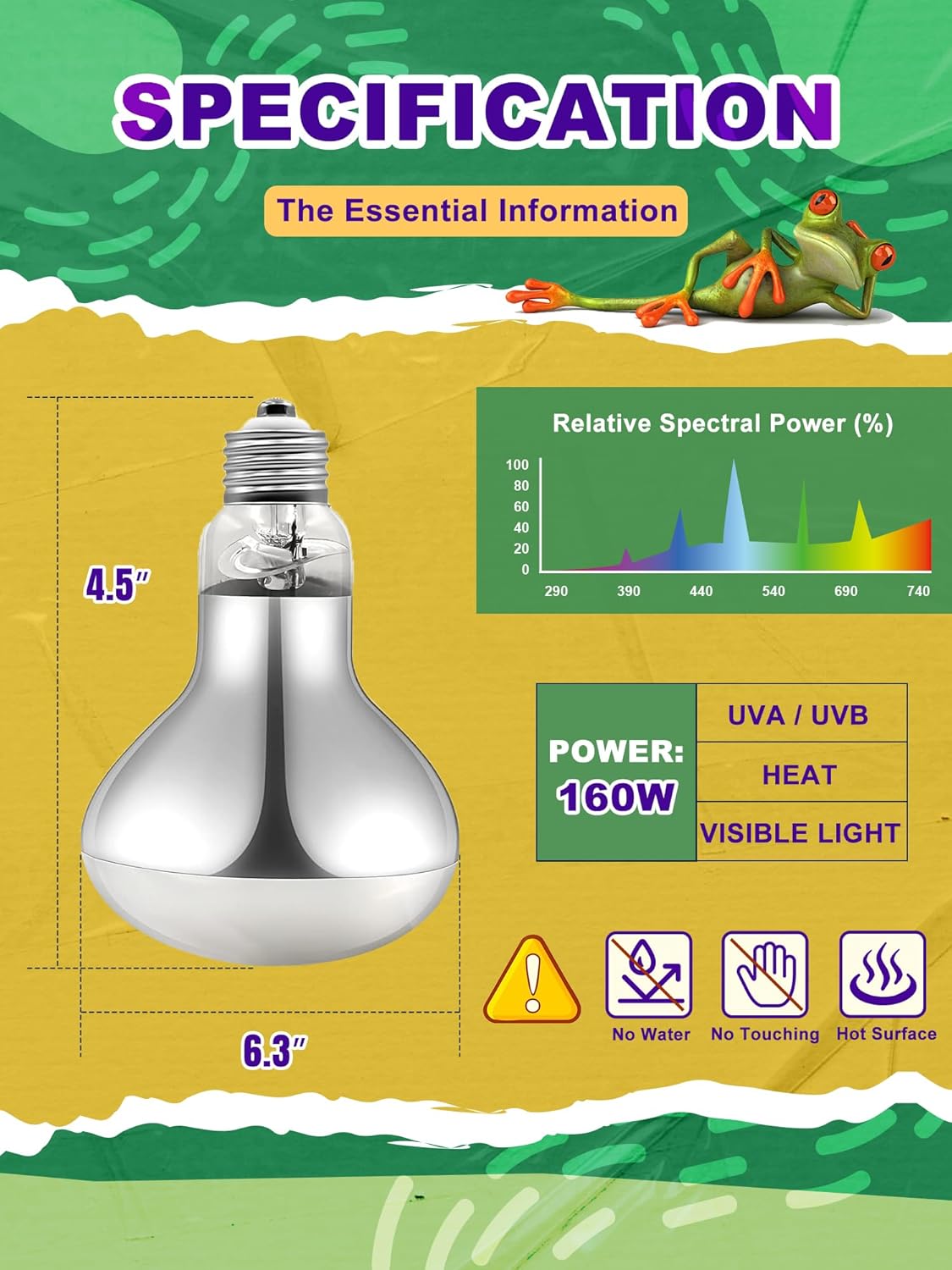 Heat Lamp Bulb, 160 Watt Full Spectrum UVA UVB Reptile Heat Bulb, Basking Spot Light, Simulate Natural Sun Light for Reptile and Amphibian