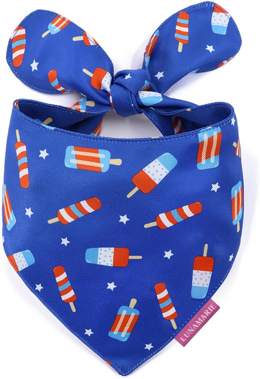 LunaMarie - Luxury Pet Birthday Bandanas -Premium & Silky Poly Fabric | 100% Handmade | Custom Shape Dual Layered (4th of July, Large)