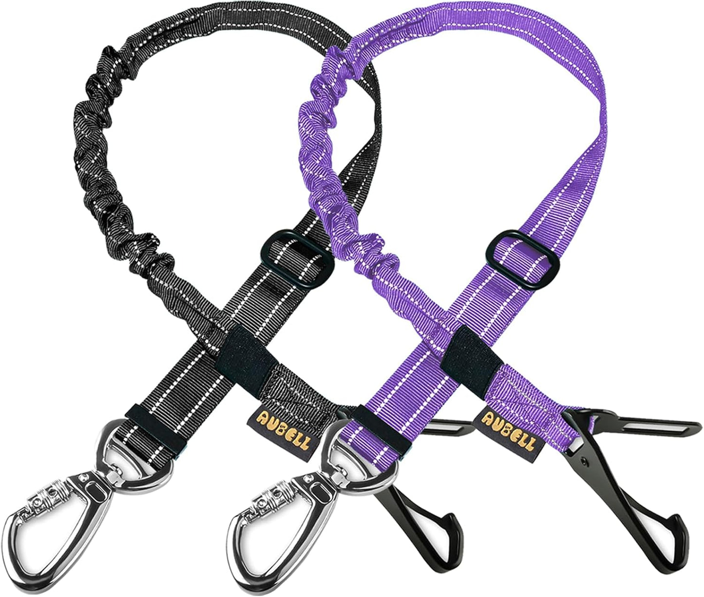 AUBELL Dog Seat Belt for Car,2 Pack Set 3-in-1 Adjustable Reflective Bungee Heavy Duty Dog Car Harness Tether with Clip Hook Latch & Buckle,Swivel Zinc Alloy Carabiner,Black+Purple