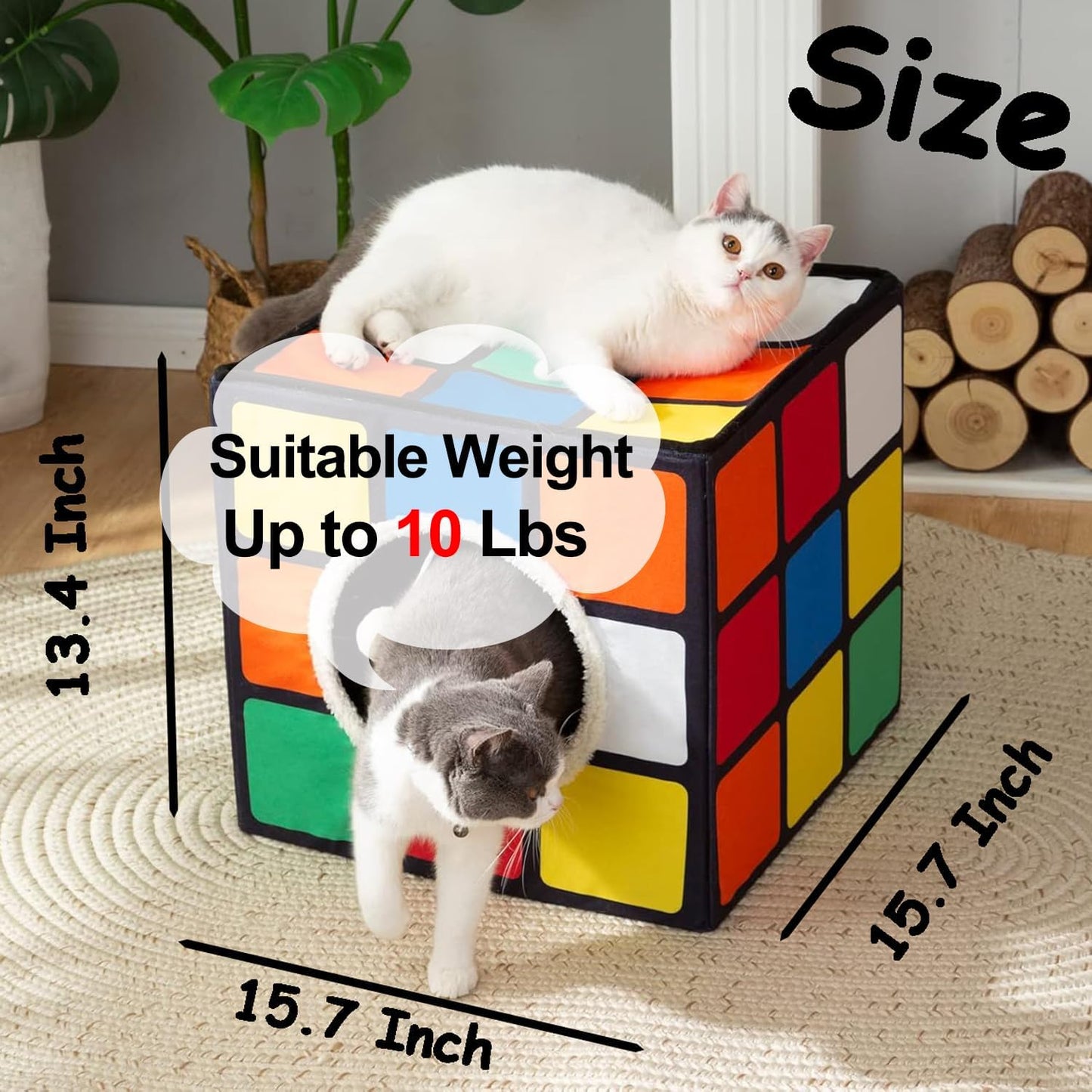 LUCKITTY Cat Condo House with Reversible Cushions and Fluffy Ball Hanging, Foldable Magic Cube, Large Cave Bed for Indoor Cats, Unique Puzzle Shape 15.7“ x 15.7" x 13.4”