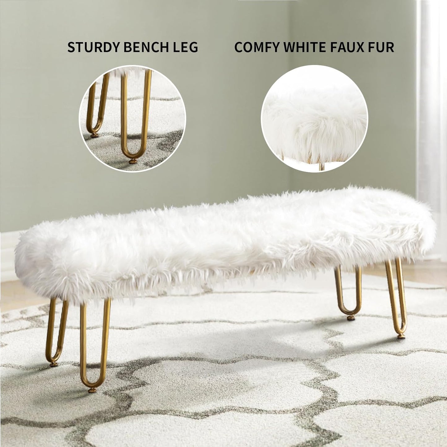42.5Inch White Bedroom Bench, Benches for Bedroom White Faux Fur Upholstered Bed end Bench, Tufting Bench Indoor Bench with Metal Legs for Living Room Bedroom Dining Room Entryway