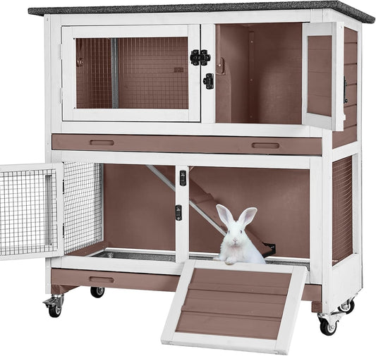 Rabbit Hutch Indoor Outdoor, Bunny Cage with Casters, Guinea Pig Cage Bunny Hutch with Two Plastic Trays 36inch-Brown