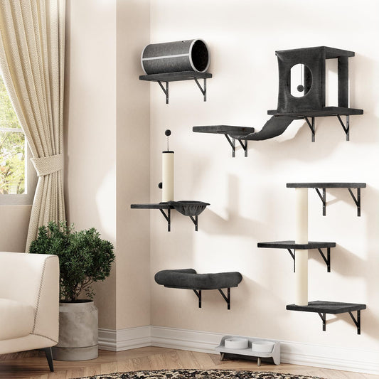 NUNU LAB 7-in-1 Wall Mounted Cat Climber Set, Cat Wall Furniture Set with House, Bridge, Steps, Scratcher Post, DIY Playground, Cat Wall Shelves - Dark Gray