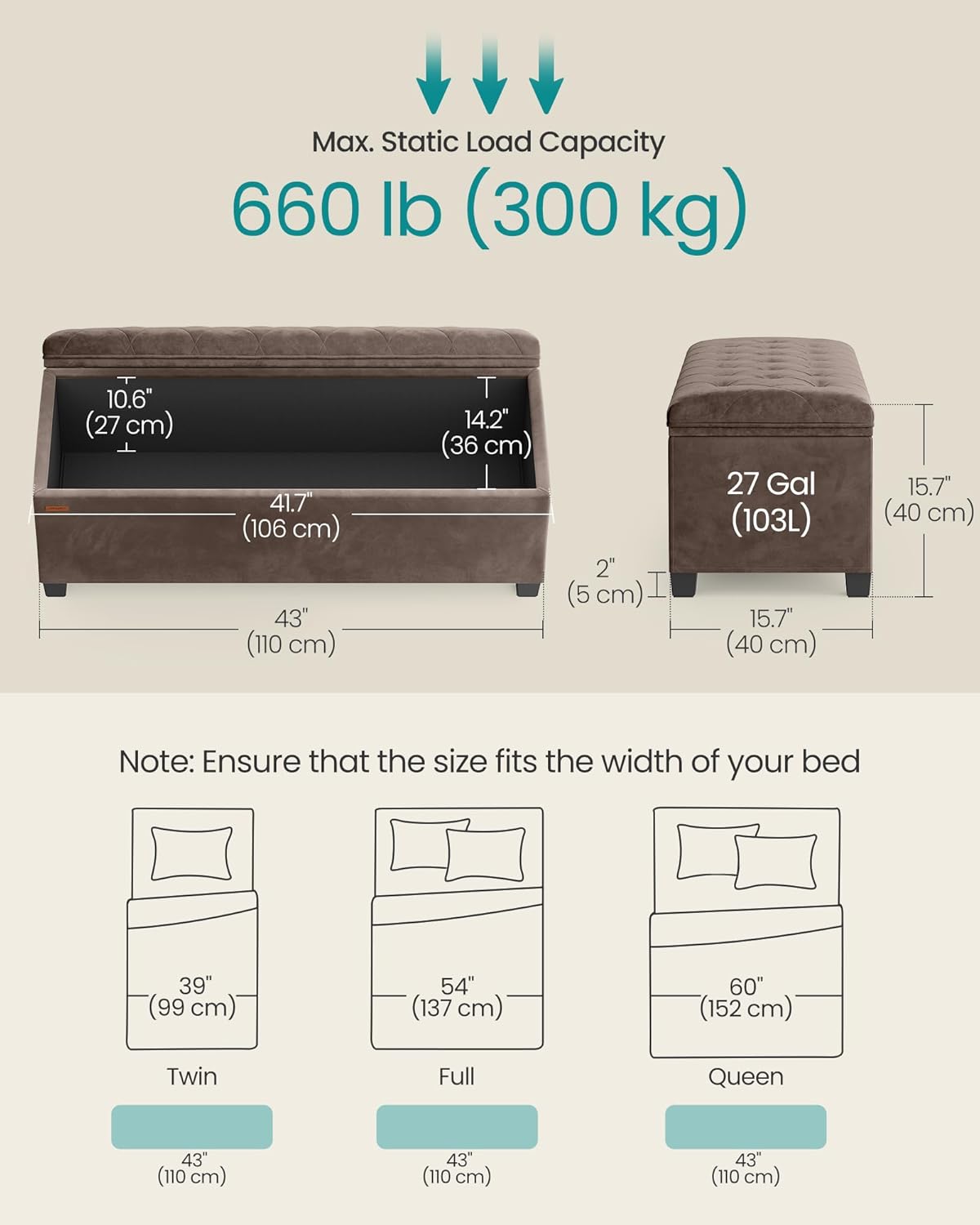 SONGMICS Velvet Storage Ottoman Bench, Foot Rest with Legs, 15.7 x 43 x 15.7 Inches, End of Bed Bench, Storage Chest, Load up to 660 lb, for Living Room, Bedroom, Entryway, Walnut Brown ULSF089K01